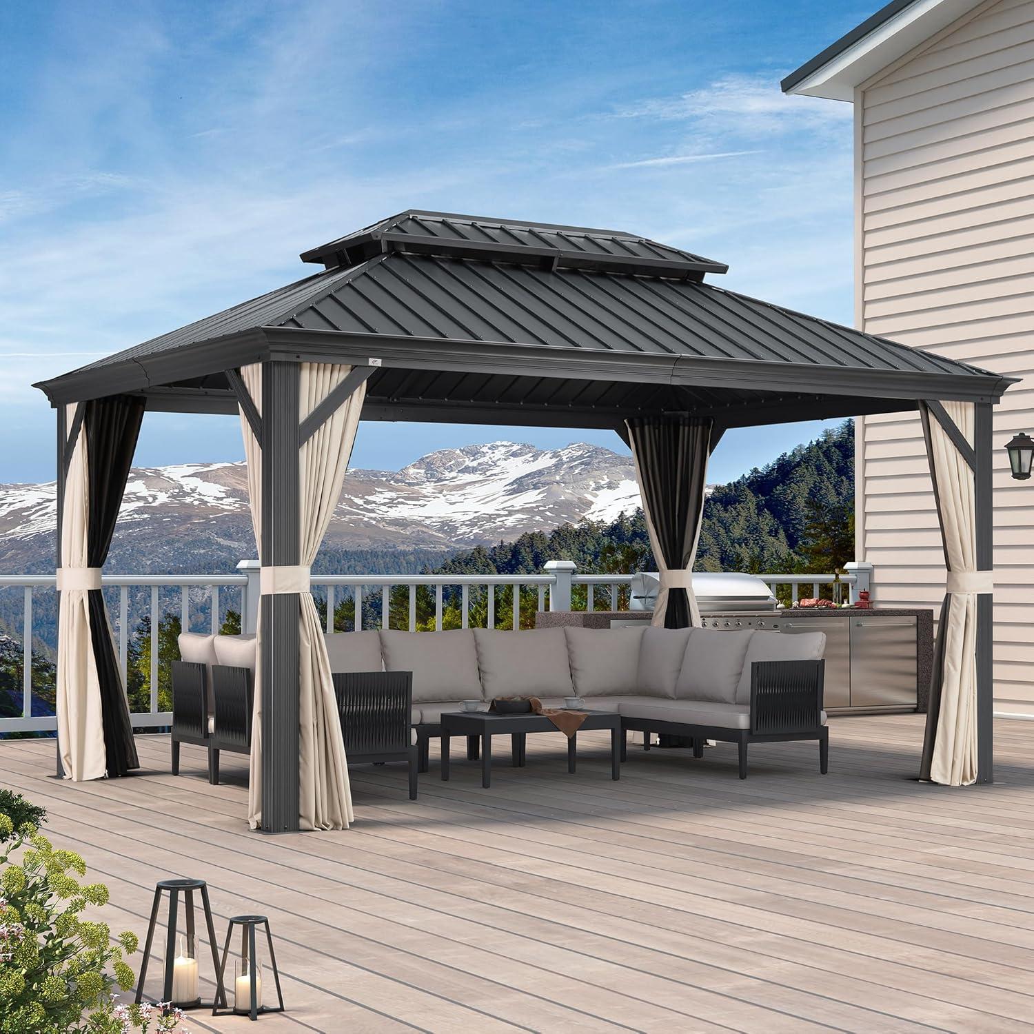 image:imagePURPLE LEAF 10 X 12 Permanent Hardtop Gazebo Aluminum Gazebo with Galvanized Steel Double Roof for Patio Lawn and Garden Curtains and Netting Included GreyBeige