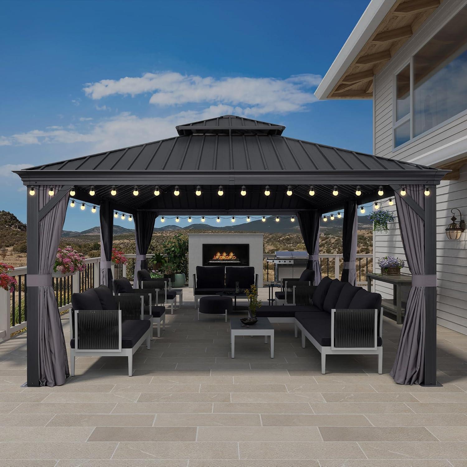 image:imagePURPLE LEAF 10 X 12 Permanent Hardtop Gazebo Aluminum Gazebo with Galvanized Steel Double Roof for Patio Lawn and Garden Curtains and Netting Included GreyGrey with Lights