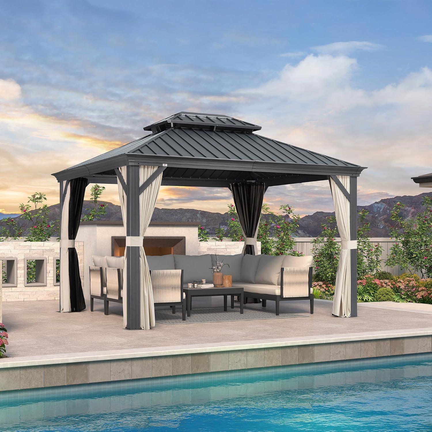 image:imagePURPLE LEAF 10 X 12 Permanent Hardtop Gazebo Aluminum Gazebo with Galvanized Steel Double Roof for Patio Lawn and Garden Curtains and Netting Included GreyBeige