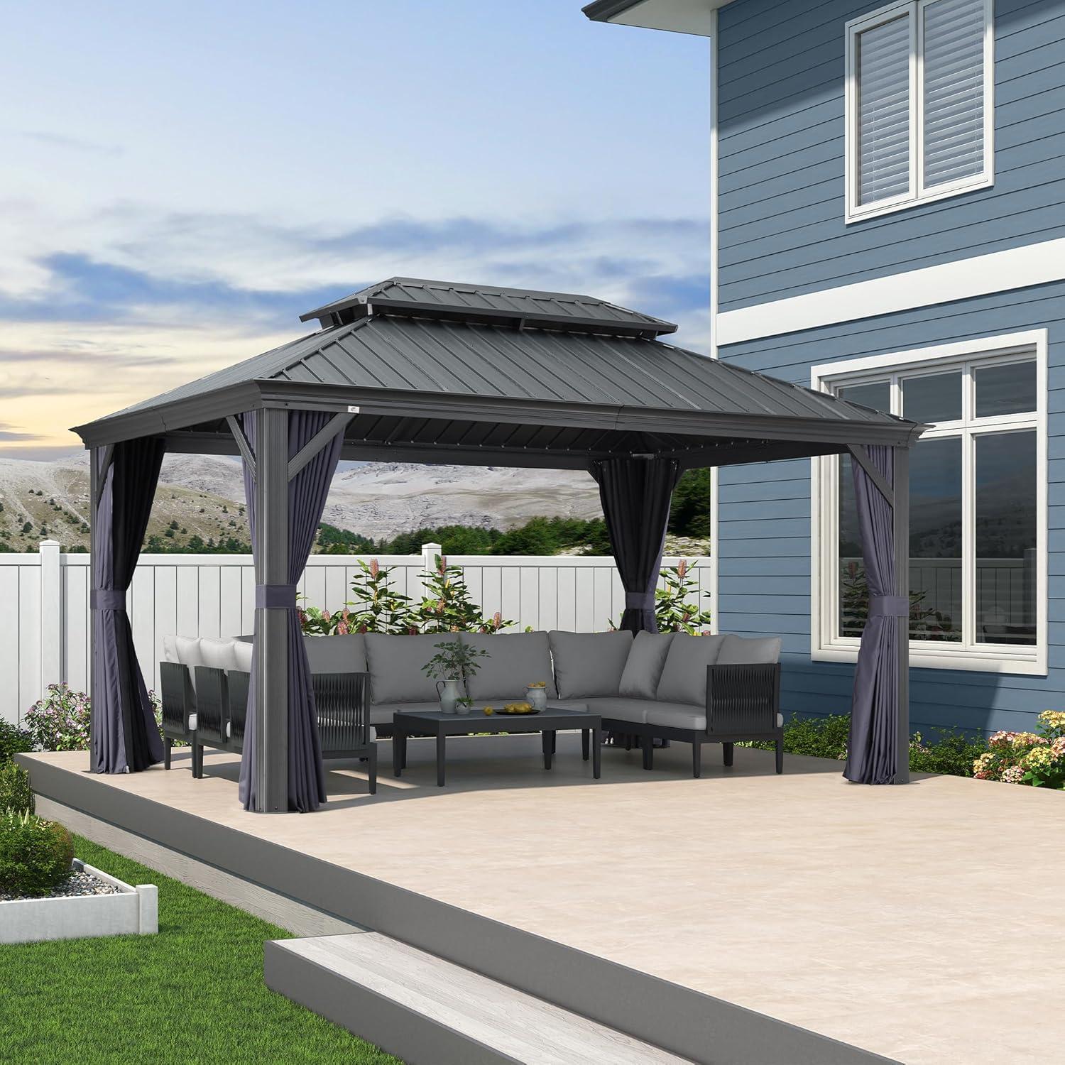 image:imagePURPLE LEAF 10 X 12 Permanent Hardtop Gazebo Aluminum Gazebo with Galvanized Steel Double Roof for Patio Lawn and Garden Curtains and Netting Included GreyNavy Blue