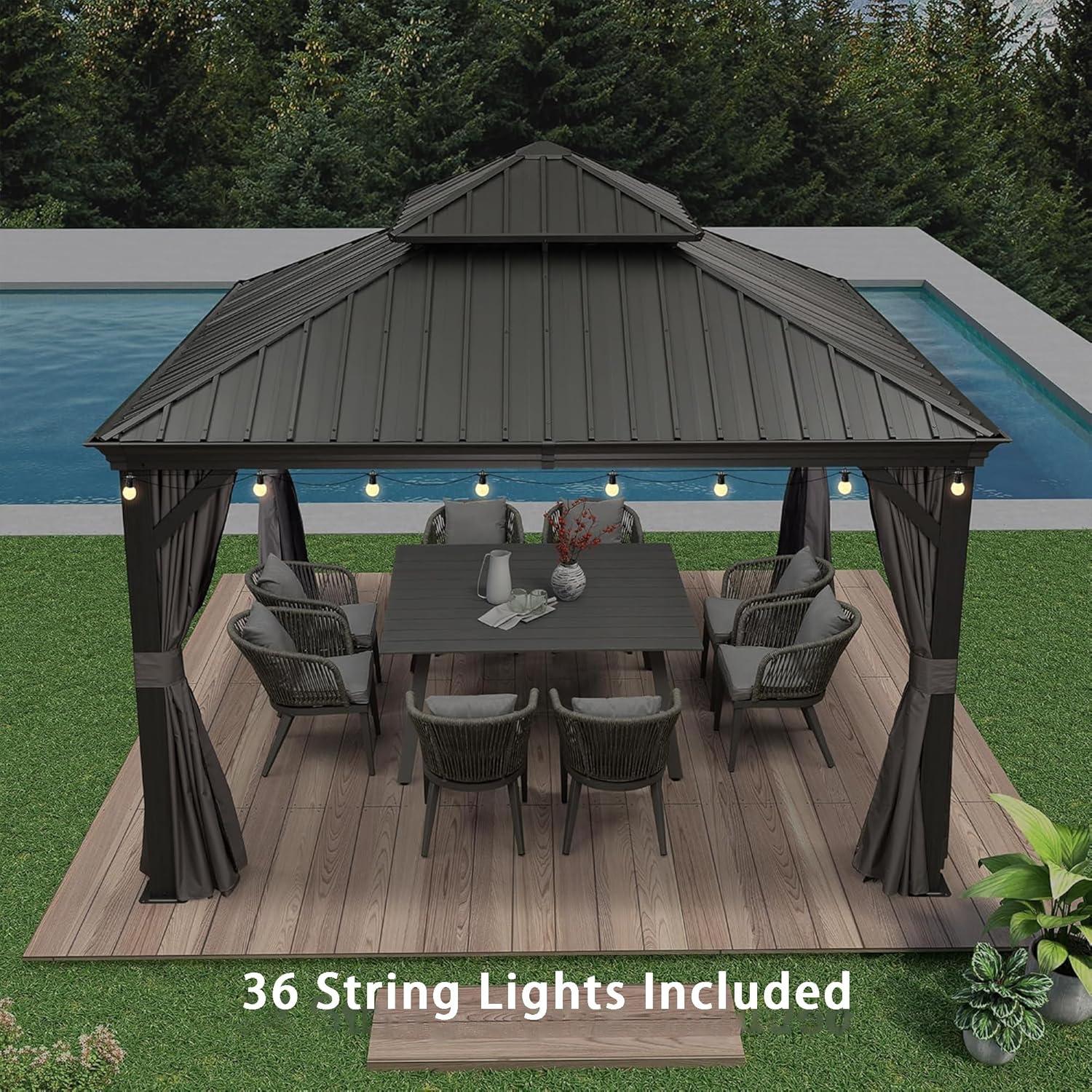 image:imagePURPLE LEAF 10 X 12 Permanent Hardtop Gazebo Aluminum Gazebo with Galvanized Steel Double Roof for Patio Lawn and Garden Curtains and Netting Included GreyGrey with Lights