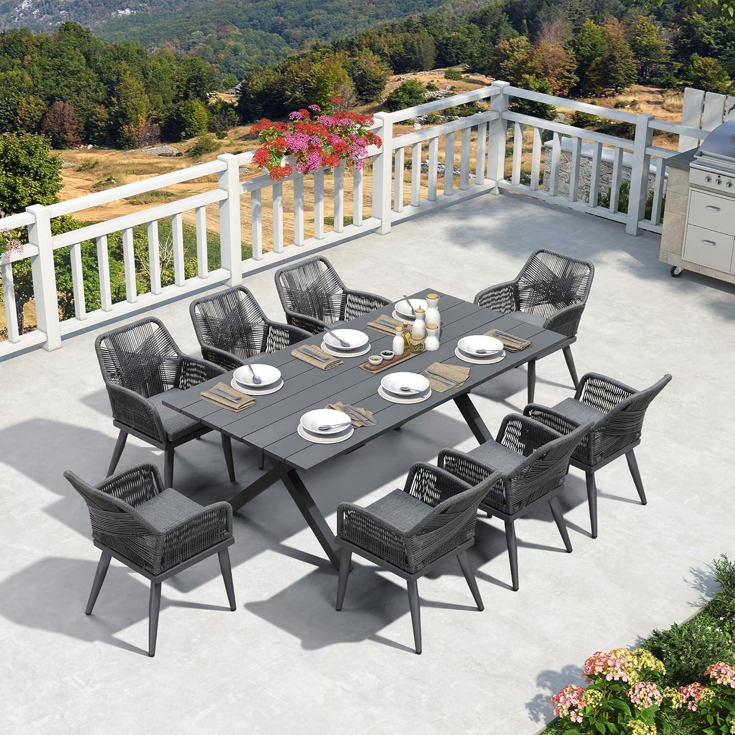 image:imagePURPLE LEAF 11 Pieces Outdoor Dining Set AllWeather PE Rattan Outdoor Patio Furniture Set with All Aluminum Frame Rectangular Table and Chairs Set for Lawn Garden Backyard Deck ChampagneGrey Square Backrest