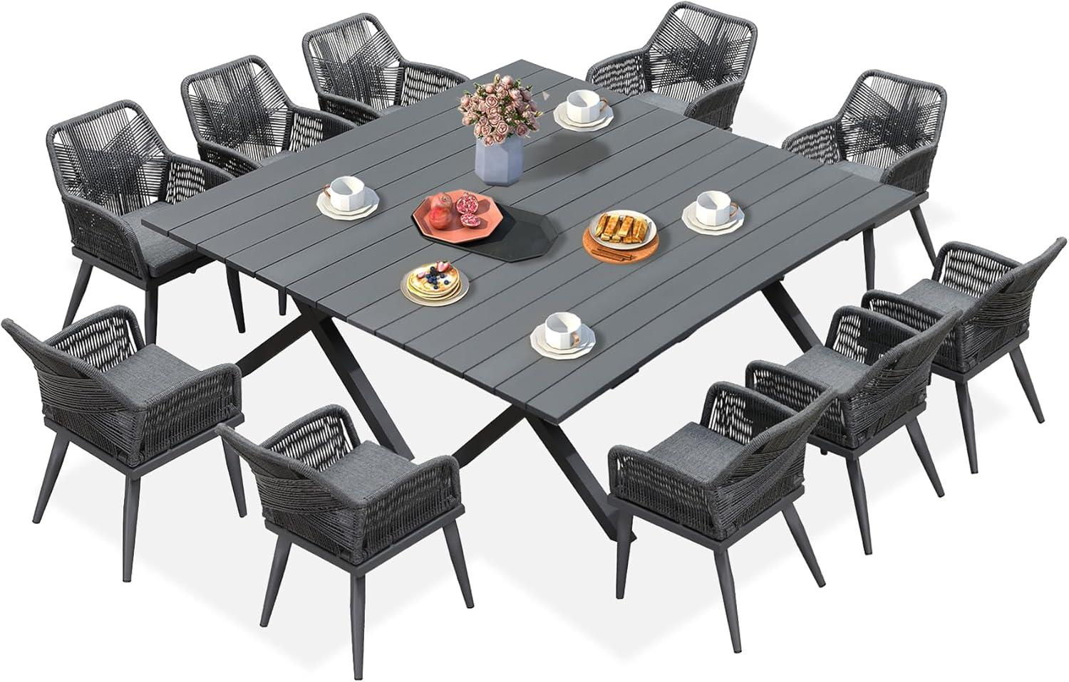 image:imagePURPLE LEAF 11 Pieces Outdoor Dining Set AllWeather PE Rattan Outdoor Patio Furniture Set with All Aluminum Frame Rectangular Table and Chairs Set for Lawn Garden Backyard Deck ChampagneGrey Square Backrest