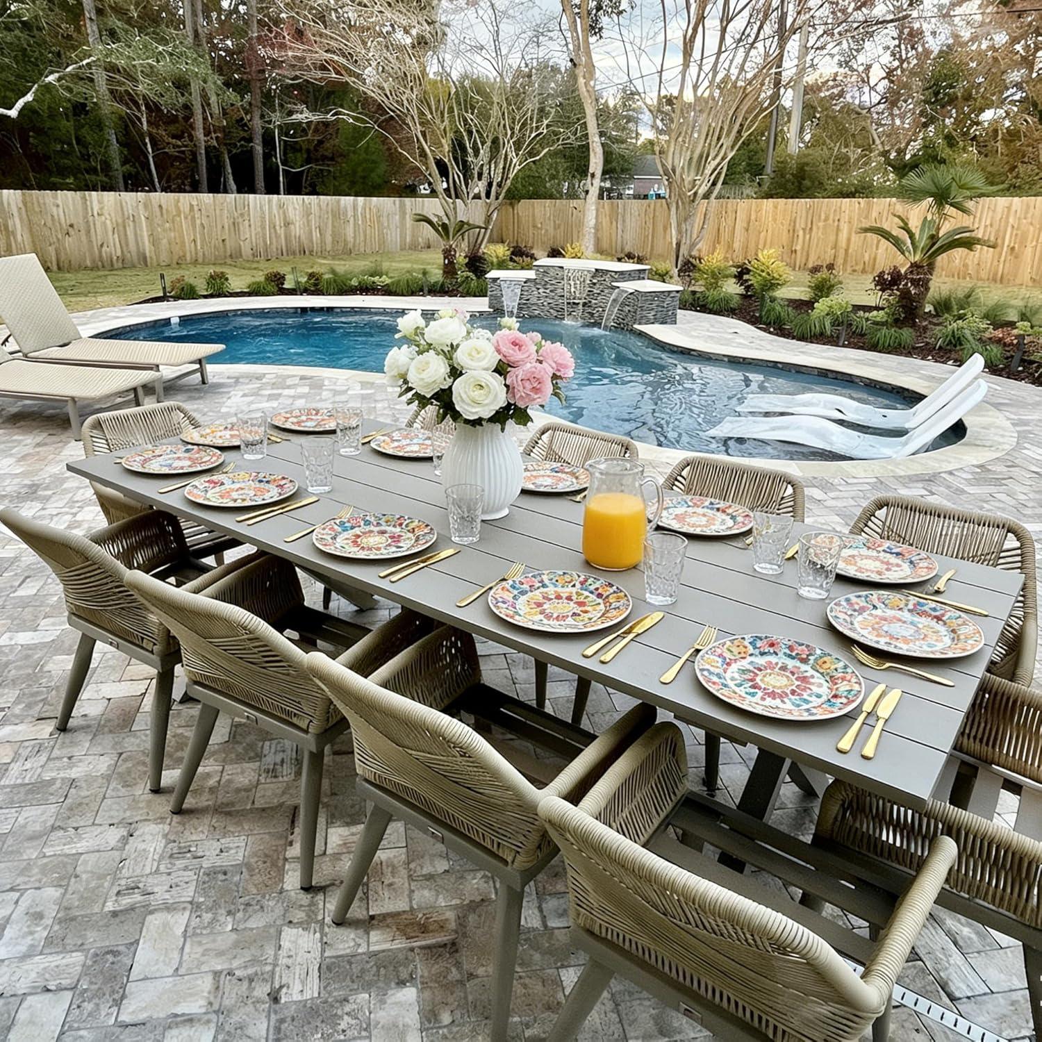 image:imagePURPLE LEAF 11 Pieces Outdoor Dining Set AllWeather PE Rattan Outdoor Patio Furniture Set with All Aluminum Frame Rectangular Table and Chairs Set for Lawn Garden Backyard Deck ChampagneChampagne Square Backrest