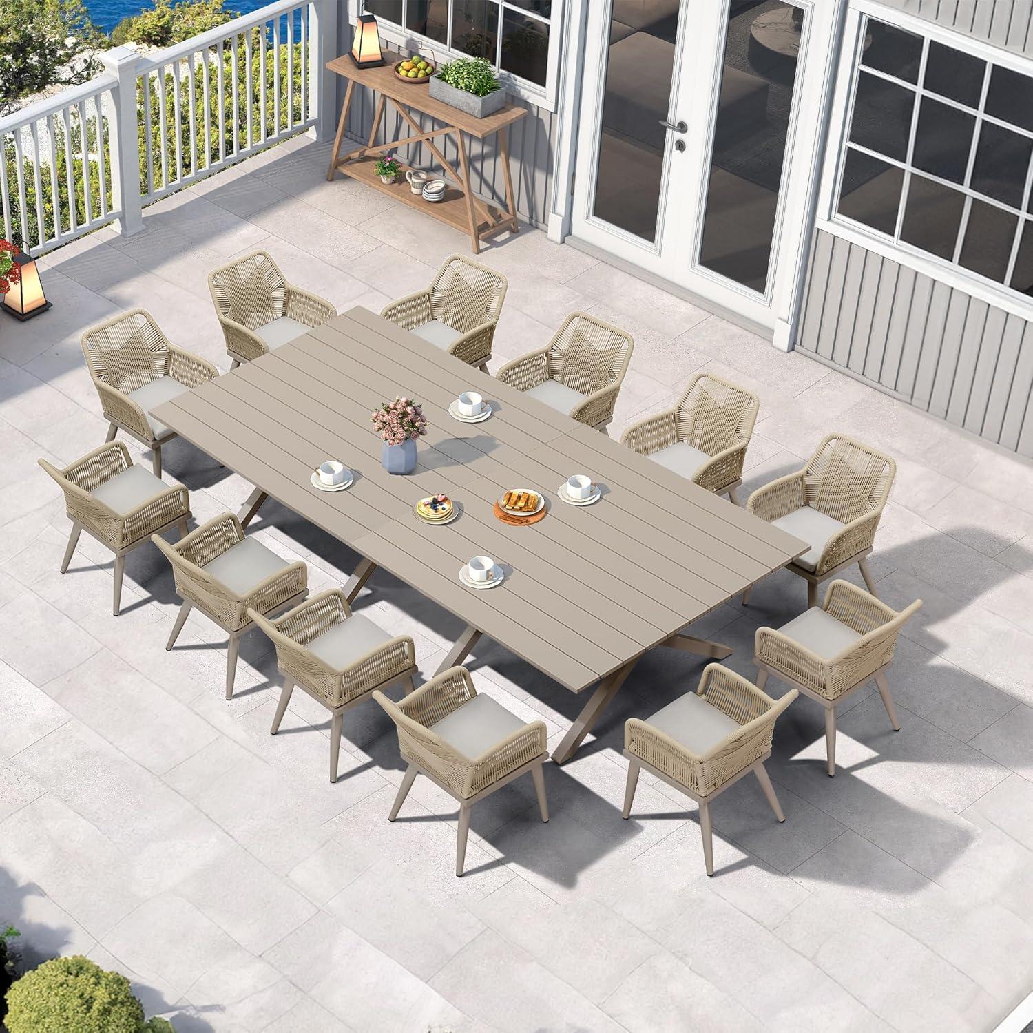 image:imagePURPLE LEAF 11 Pieces Outdoor Dining Set AllWeather PE Rattan Outdoor Patio Furniture Set with All Aluminum Frame Rectangular Table and Chairs Set for Lawn Garden Backyard Deck ChampagneChampagne Square Backrest