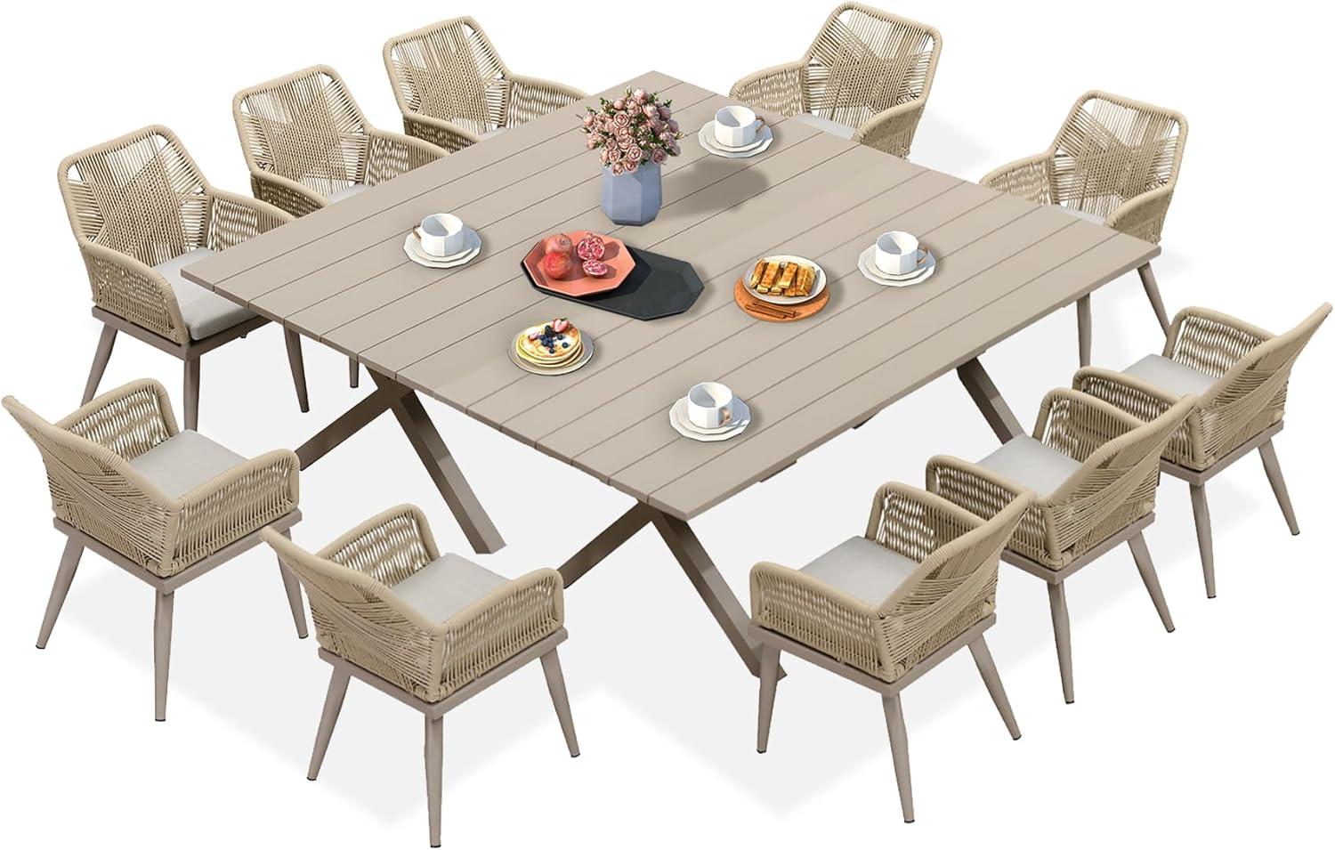image:imagePURPLE LEAF 11 Pieces Outdoor Dining Set AllWeather PE Rattan Outdoor Patio Furniture Set with All Aluminum Frame Rectangular Table and Chairs Set for Lawn Garden Backyard Deck ChampagneChampagne Square Backrest