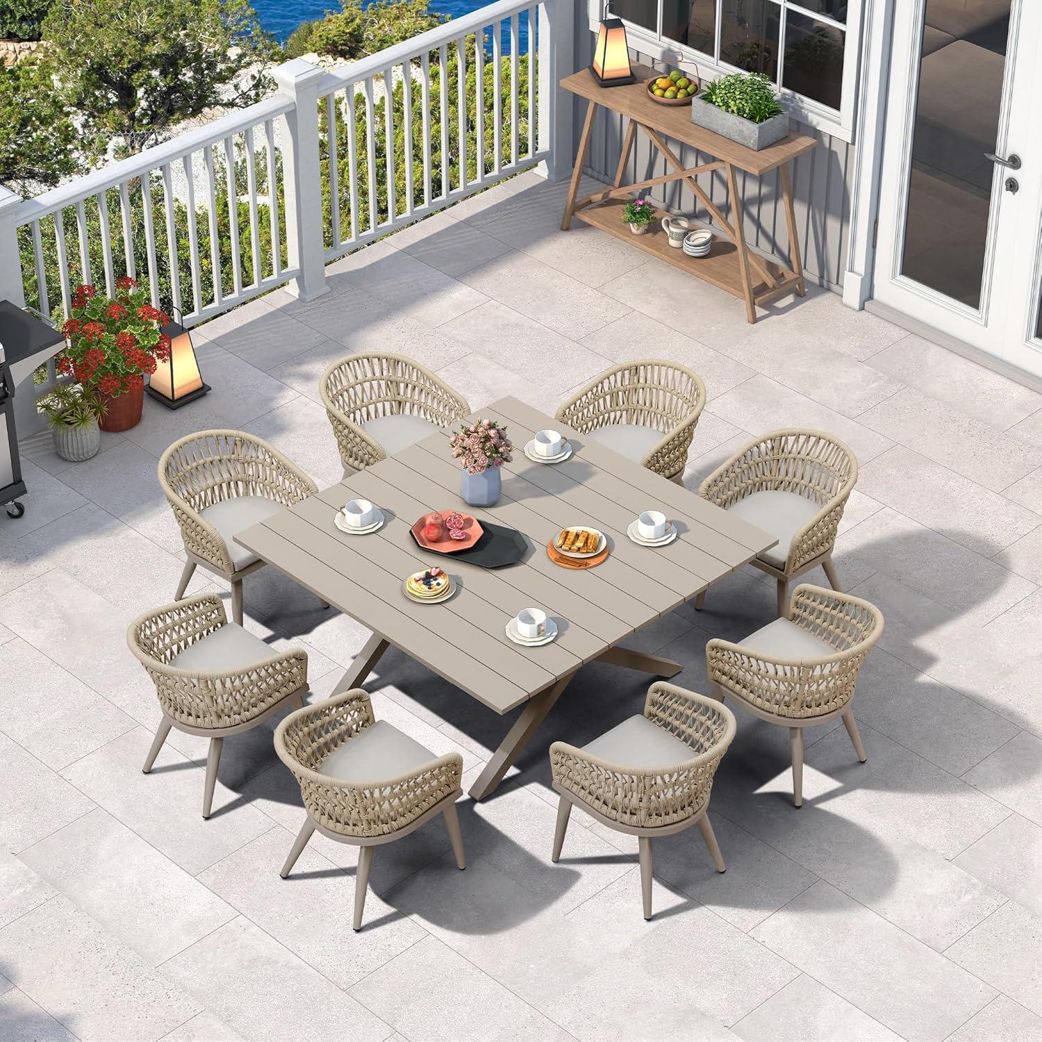 image:imagePURPLE LEAF 11 Pieces Outdoor Dining Set AllWeather PE Rattan Outdoor Patio Furniture Set with All Aluminum Frame Rectangular Table and Chairs Set for Lawn Garden Backyard Deck ChampagneChampagne Round Backrest