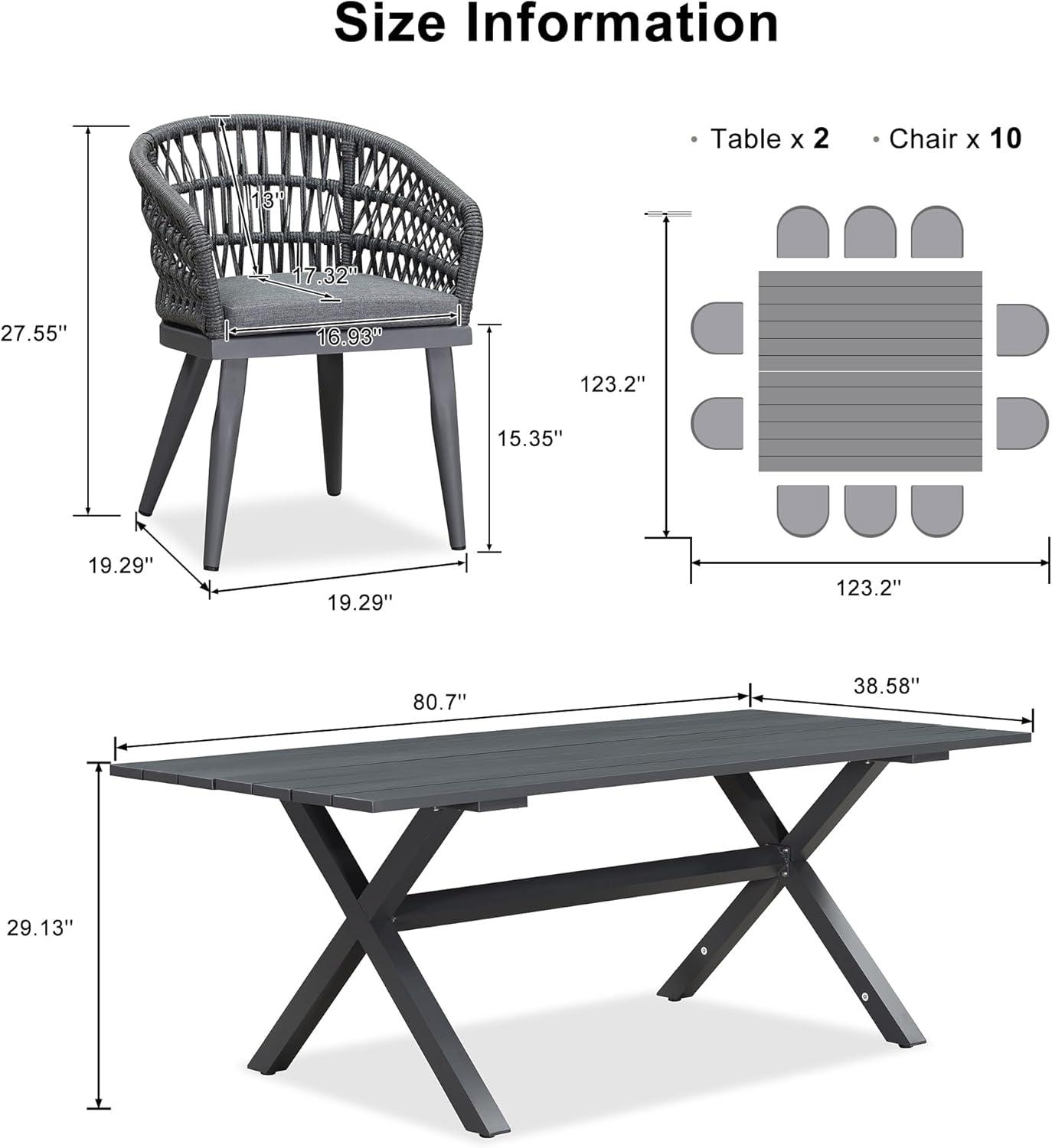 image:imagePURPLE LEAF 11 Pieces Outdoor Dining Set AllWeather PE Rattan Outdoor Patio Furniture Set with All Aluminum Frame Rectangular Table and Chairs Set for Lawn Garden Backyard Deck ChampagneGrey Round Backrest