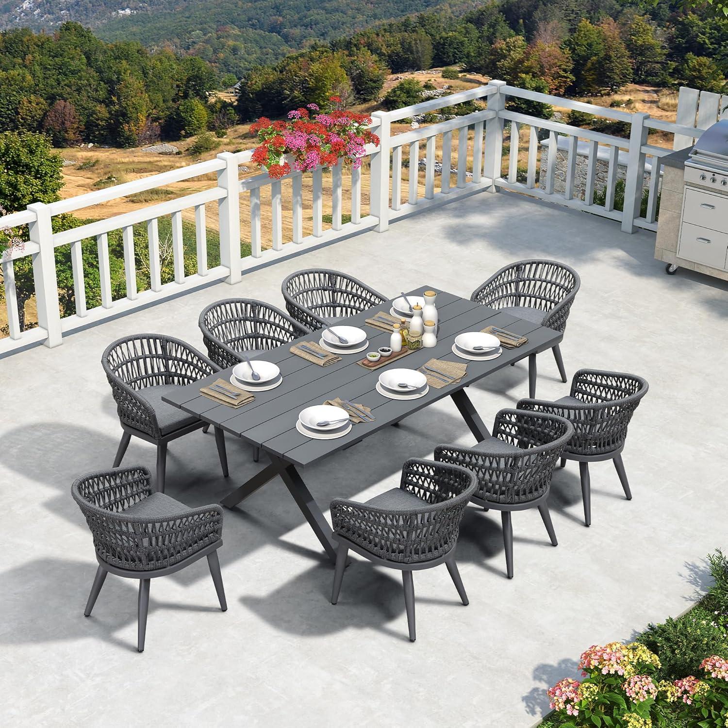 image:imagePURPLE LEAF 11 Pieces Outdoor Dining Set AllWeather PE Rattan Outdoor Patio Furniture Set with All Aluminum Frame Rectangular Table and Chairs Set for Lawn Garden Backyard Deck ChampagneGrey Round Backrest