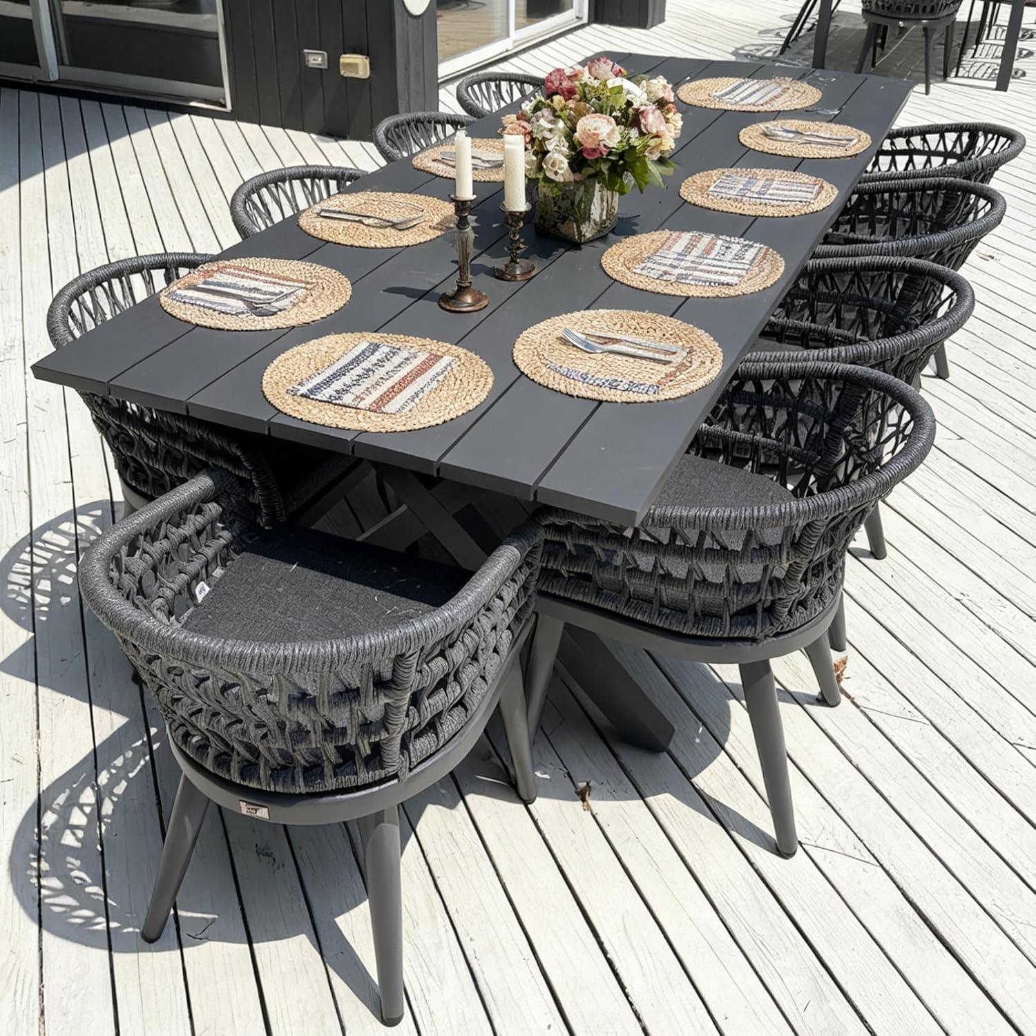 image:imagePURPLE LEAF 11 Pieces Outdoor Dining Set AllWeather PE Rattan Outdoor Patio Furniture Set with All Aluminum Frame Rectangular Table and Chairs Set for Lawn Garden Backyard Deck ChampagneGrey Round Backrest