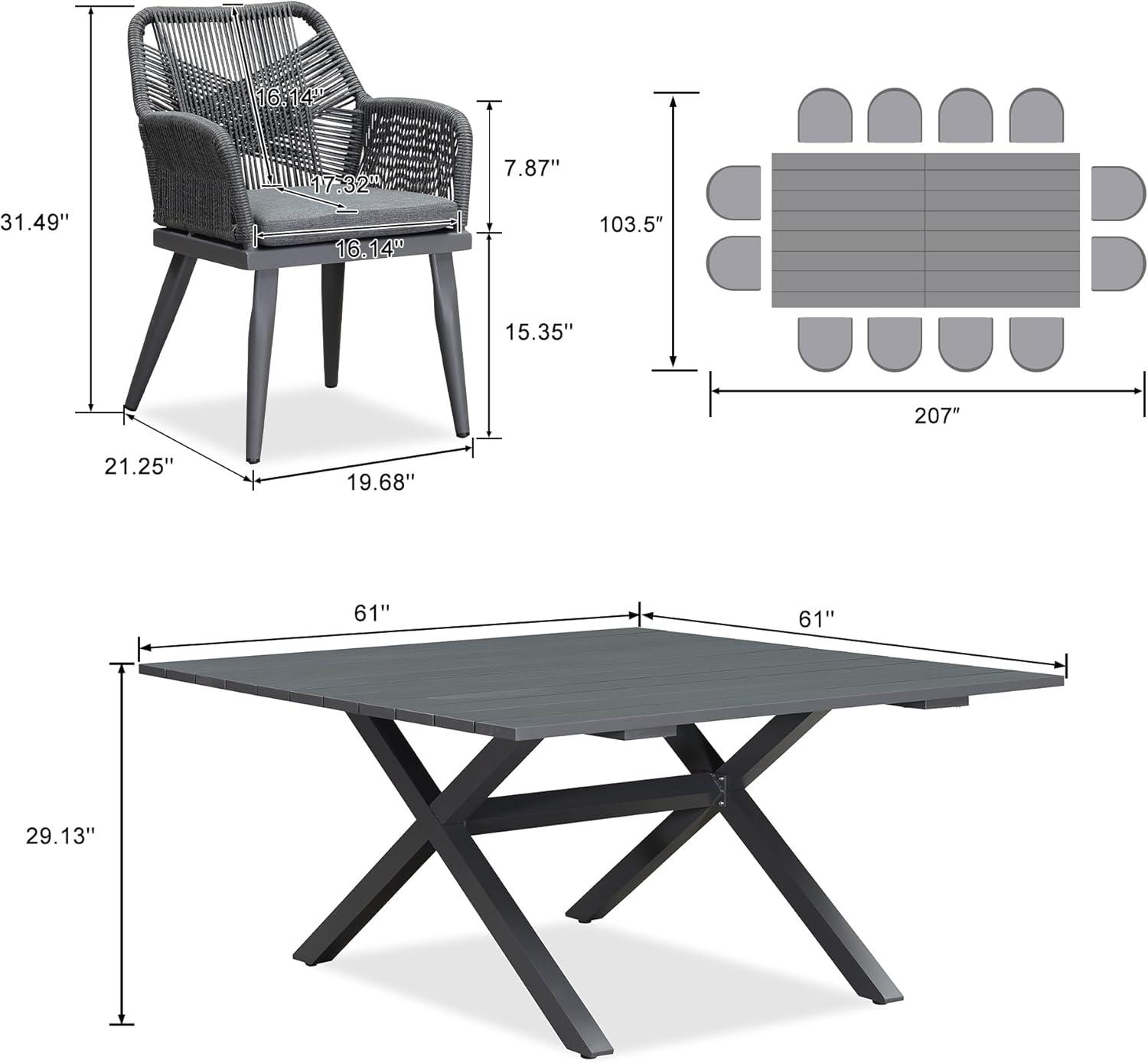 image:imagePURPLE LEAF 11 Pieces Outdoor Dining Set AllWeather PE Rattan Outdoor Patio Furniture Set with All Aluminum Frame Rectangular Table and Chairs Set for Lawn Garden Backyard Deck ChampagneGrey Square Backrest