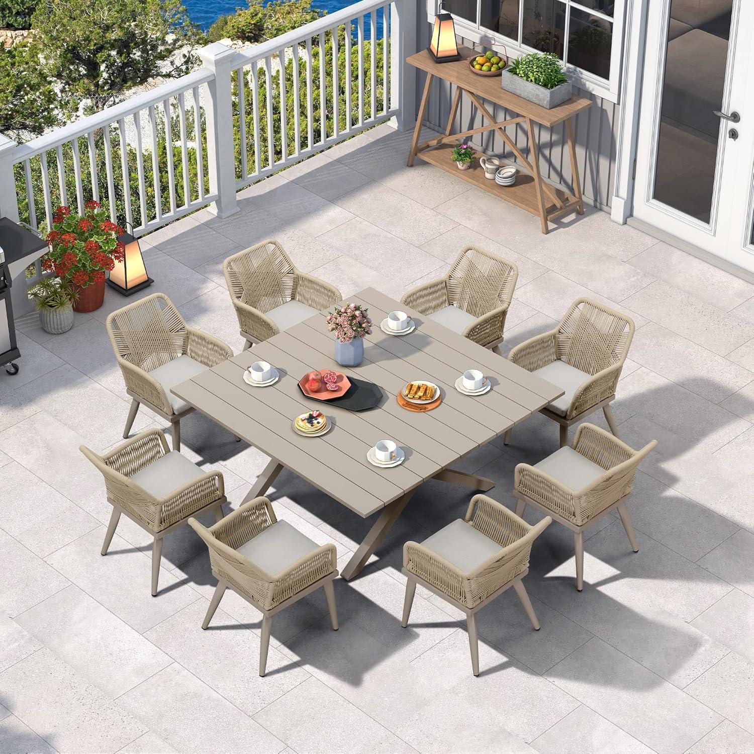image:imagePURPLE LEAF 11 Pieces Outdoor Dining Set AllWeather PE Rattan Outdoor Patio Furniture Set with All Aluminum Frame Rectangular Table and Chairs Set for Lawn Garden Backyard Deck ChampagneChampagne Square Backrest