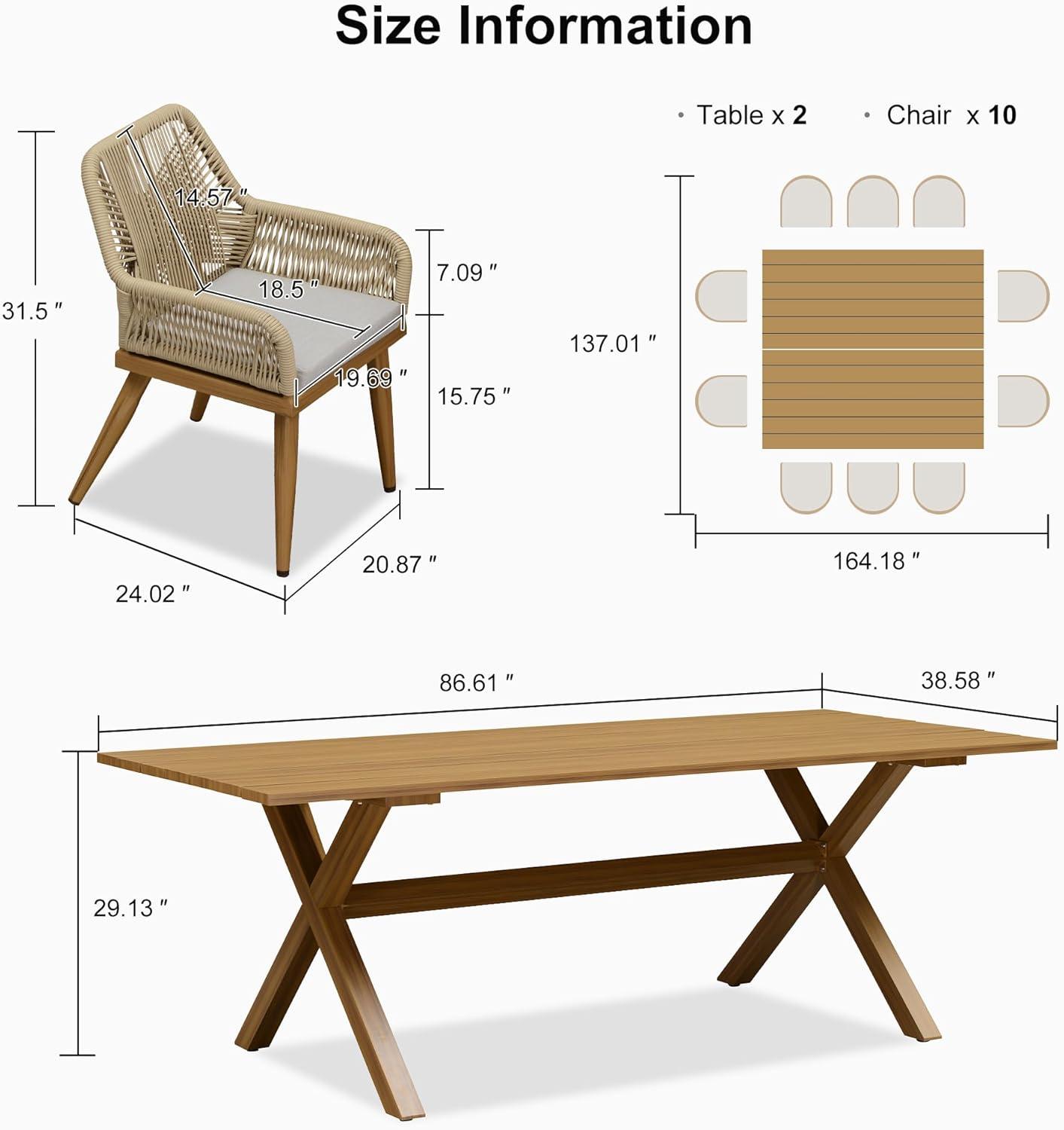 image:imagePURPLE LEAF 11 Pieces Outdoor Dining Set AllWeather PE Rattan Outdoor Patio Furniture Set with All Aluminum Frame Rectangular Table and Chairs Set for Lawn Garden Backyard Deck ChampagneTeak Square Backrest