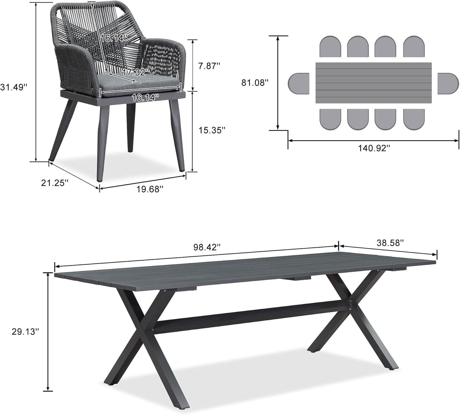 image:imagePURPLE LEAF 11 Pieces Outdoor Dining Set AllWeather PE Rattan Outdoor Patio Furniture Set with All Aluminum Frame Rectangular Table and Chairs Set for Lawn Garden Backyard Deck ChampagneGrey Square Backrest