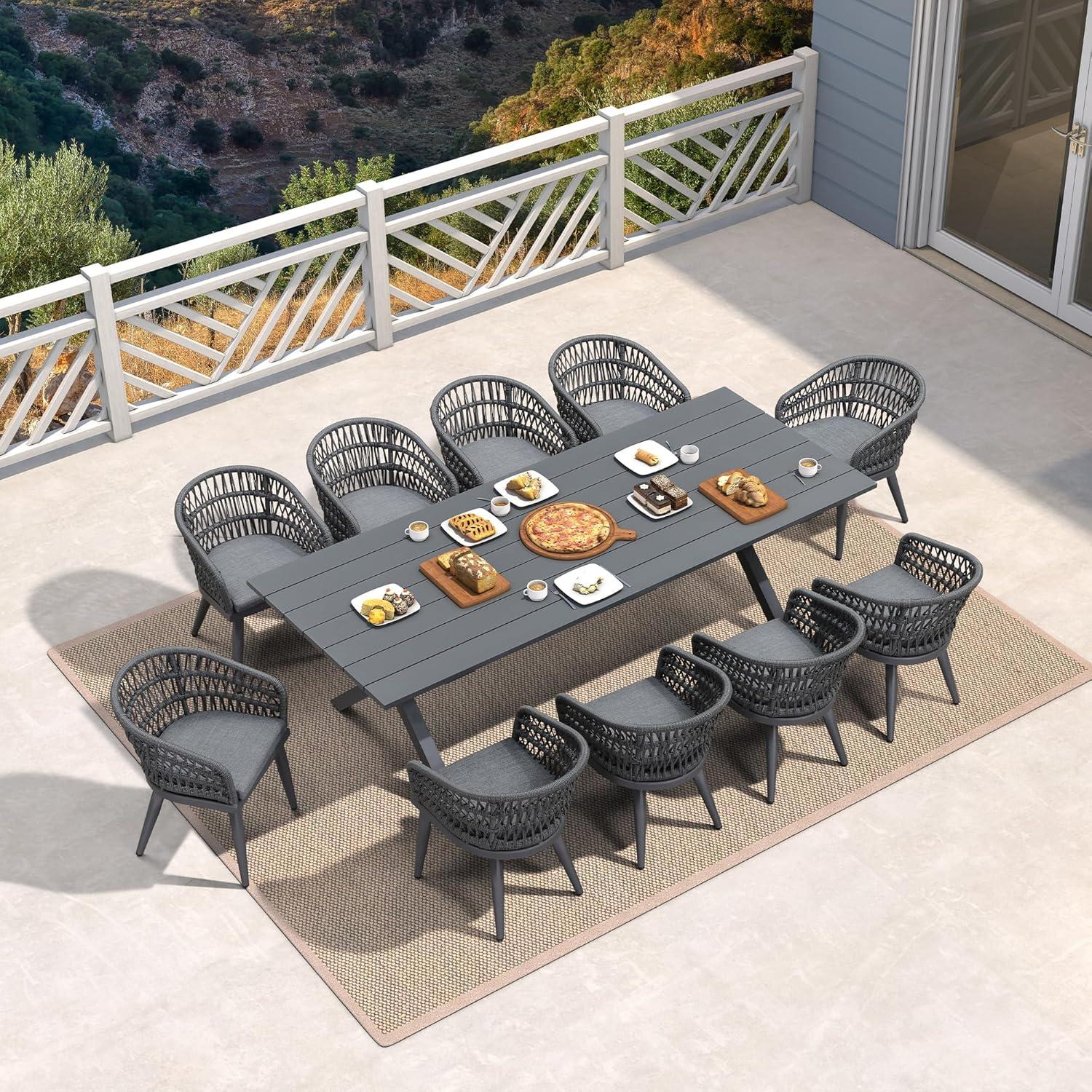 image:imagePURPLE LEAF 11 Pieces Outdoor Dining Set AllWeather PE Rattan Outdoor Patio Furniture Set with All Aluminum Frame Rectangular Table and Chairs Set for Lawn Garden Backyard Deck ChampagneGrey Round Backrest