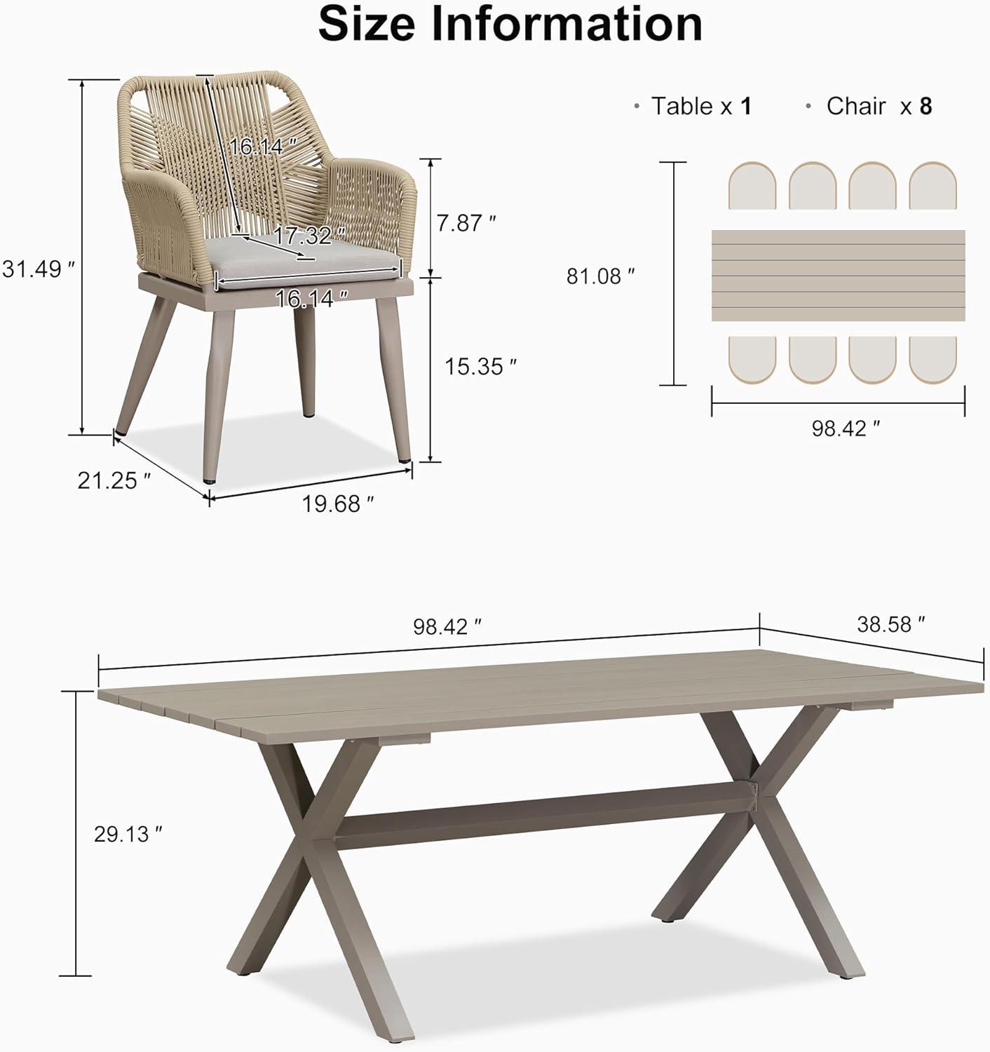 image:imagePURPLE LEAF 11 Pieces Outdoor Dining Set AllWeather PE Rattan Outdoor Patio Furniture Set with All Aluminum Frame Rectangular Table and Chairs Set for Lawn Garden Backyard Deck ChampagneChampagne Square Backrest