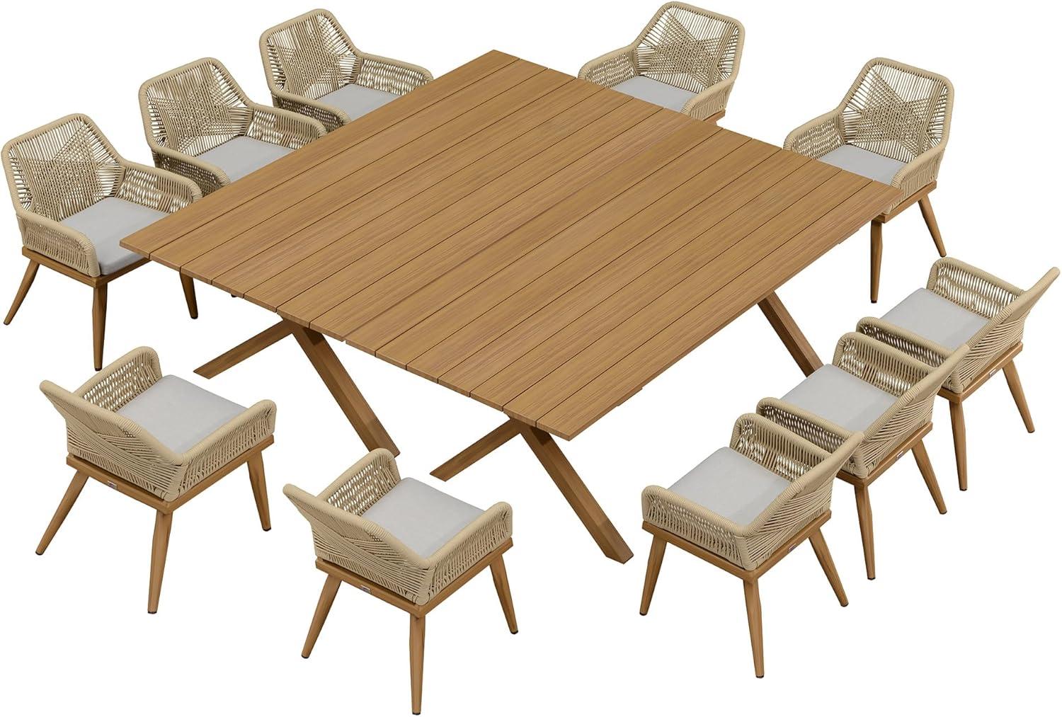 image:imagePURPLE LEAF 11 Pieces Outdoor Dining Set AllWeather PE Rattan Outdoor Patio Furniture Set with All Aluminum Frame Rectangular Table and Chairs Set for Lawn Garden Backyard Deck ChampagneTeak Square Backrest
