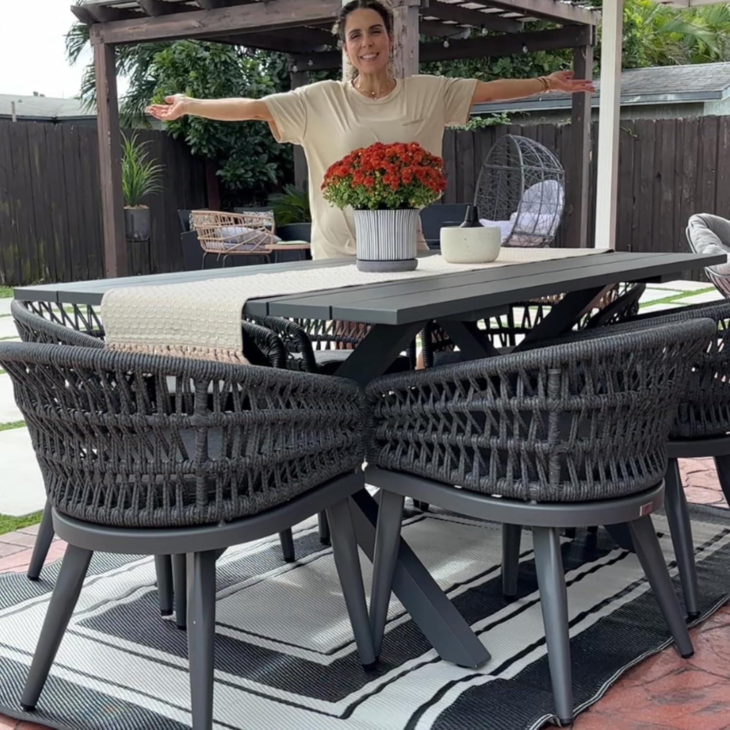 image:imagePURPLE LEAF 11 Pieces Outdoor Dining Set AllWeather PE Rattan Outdoor Patio Furniture Set with All Aluminum Frame Rectangular Table and Chairs Set for Lawn Garden Backyard Deck ChampagneGrey Round Backrest