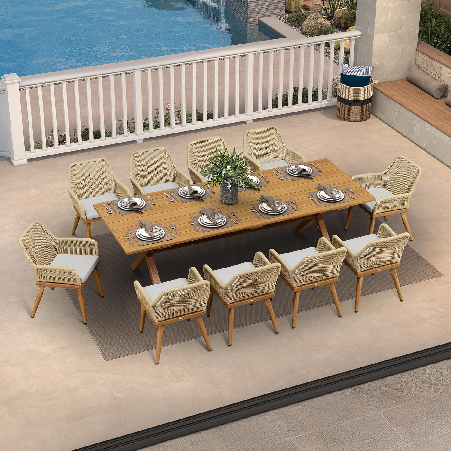 image:imagePURPLE LEAF 11 Pieces Outdoor Dining Set AllWeather PE Rattan Outdoor Patio Furniture Set with All Aluminum Frame Rectangular Table and Chairs Set for Lawn Garden Backyard Deck ChampagneTeak Square Backrest