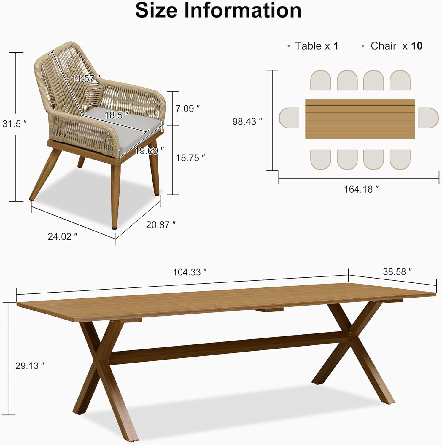 image:imagePURPLE LEAF 11 Pieces Outdoor Dining Set AllWeather PE Rattan Outdoor Patio Furniture Set with All Aluminum Frame Rectangular Table and Chairs Set for Lawn Garden Backyard Deck ChampagneTeak Square Backrest