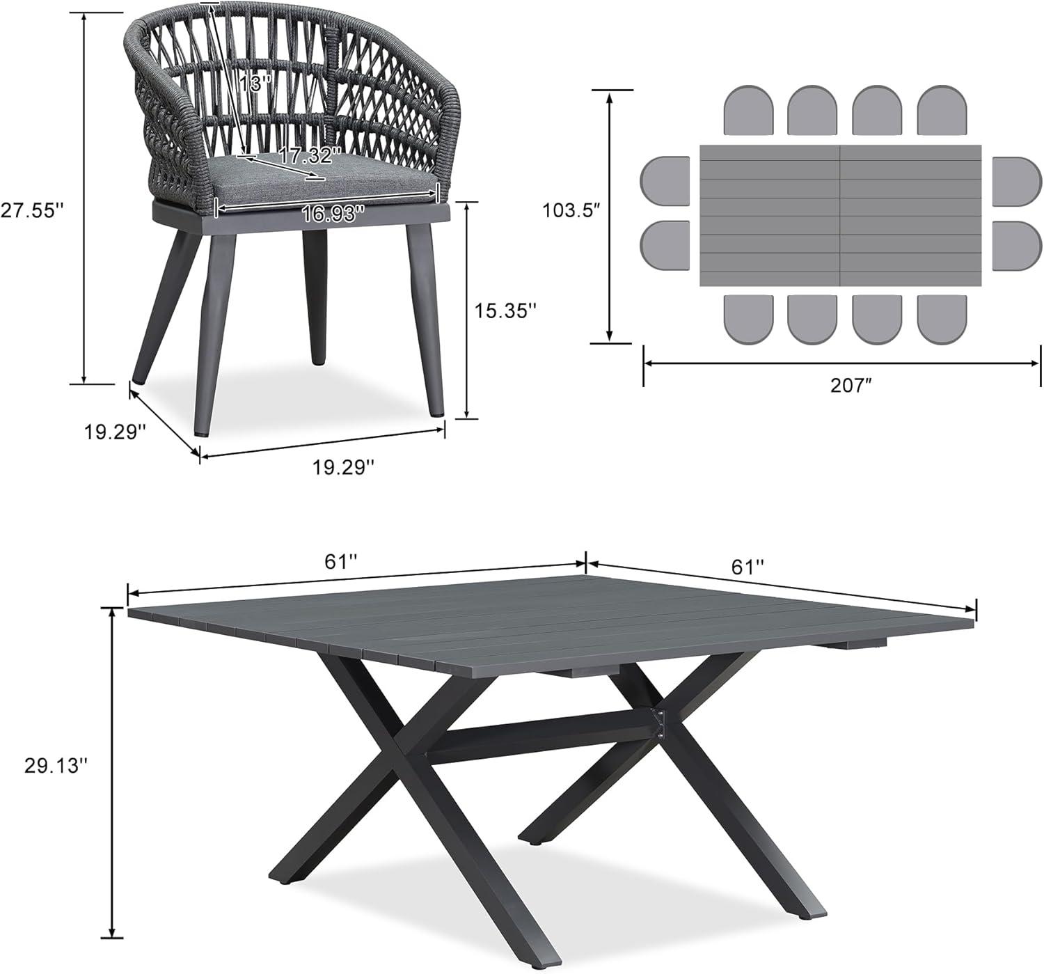 image:imagePURPLE LEAF 11 Pieces Outdoor Dining Set AllWeather PE Rattan Outdoor Patio Furniture Set with All Aluminum Frame Rectangular Table and Chairs Set for Lawn Garden Backyard Deck ChampagneGrey Round Backrest