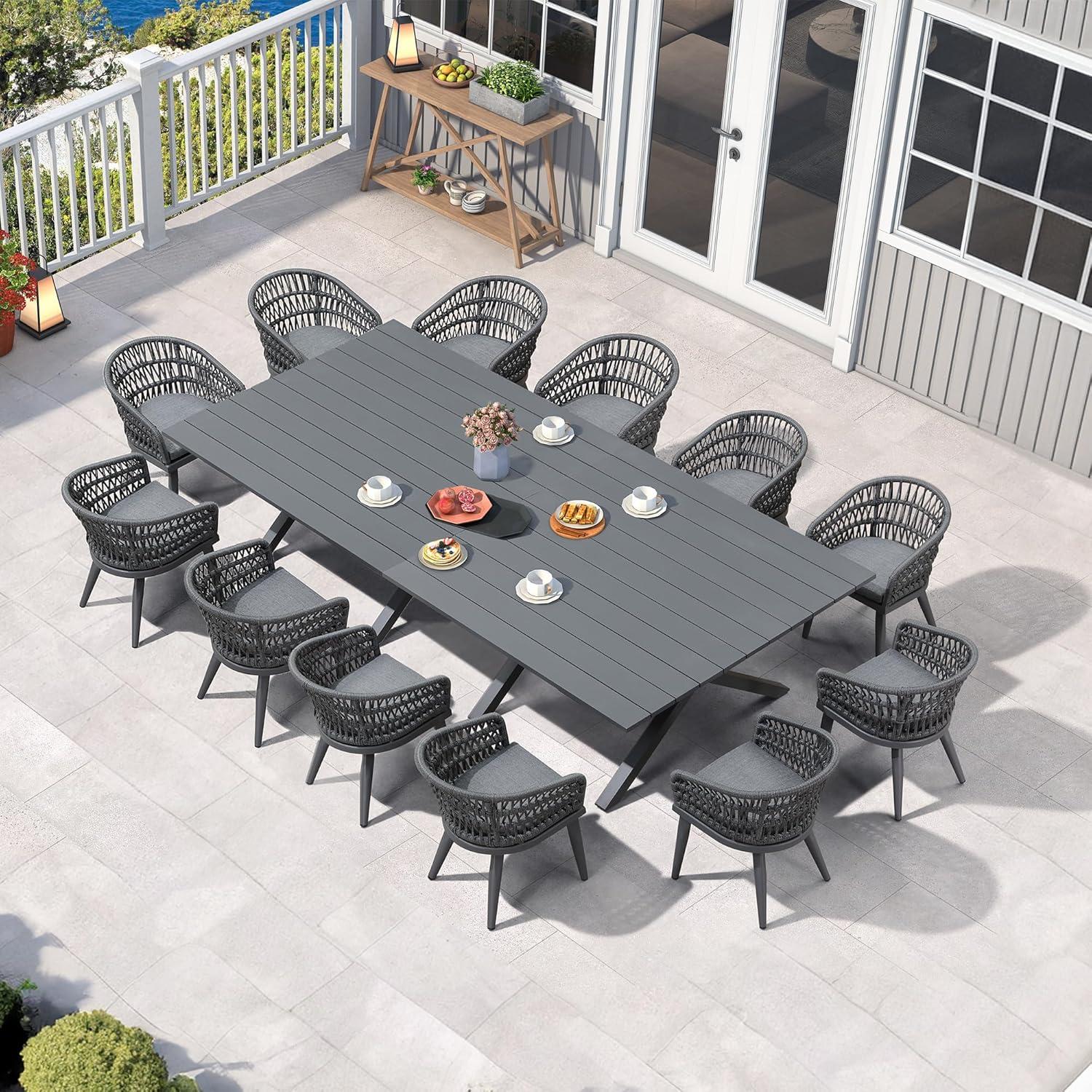 image:imagePURPLE LEAF 11 Pieces Outdoor Dining Set AllWeather PE Rattan Outdoor Patio Furniture Set with All Aluminum Frame Rectangular Table and Chairs Set for Lawn Garden Backyard Deck ChampagneGrey Round Backrest