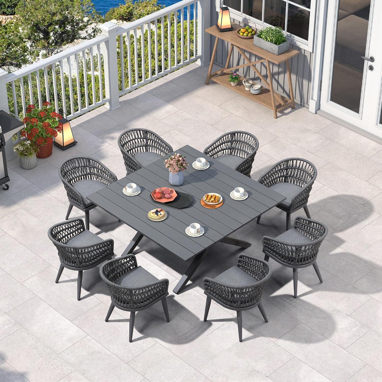image:imagePURPLE LEAF 11 Pieces Outdoor Dining Set AllWeather PE Rattan Outdoor Patio Furniture Set with All Aluminum Frame Rectangular Table and Chairs Set for Lawn Garden Backyard Deck ChampagneGrey Round Backrest