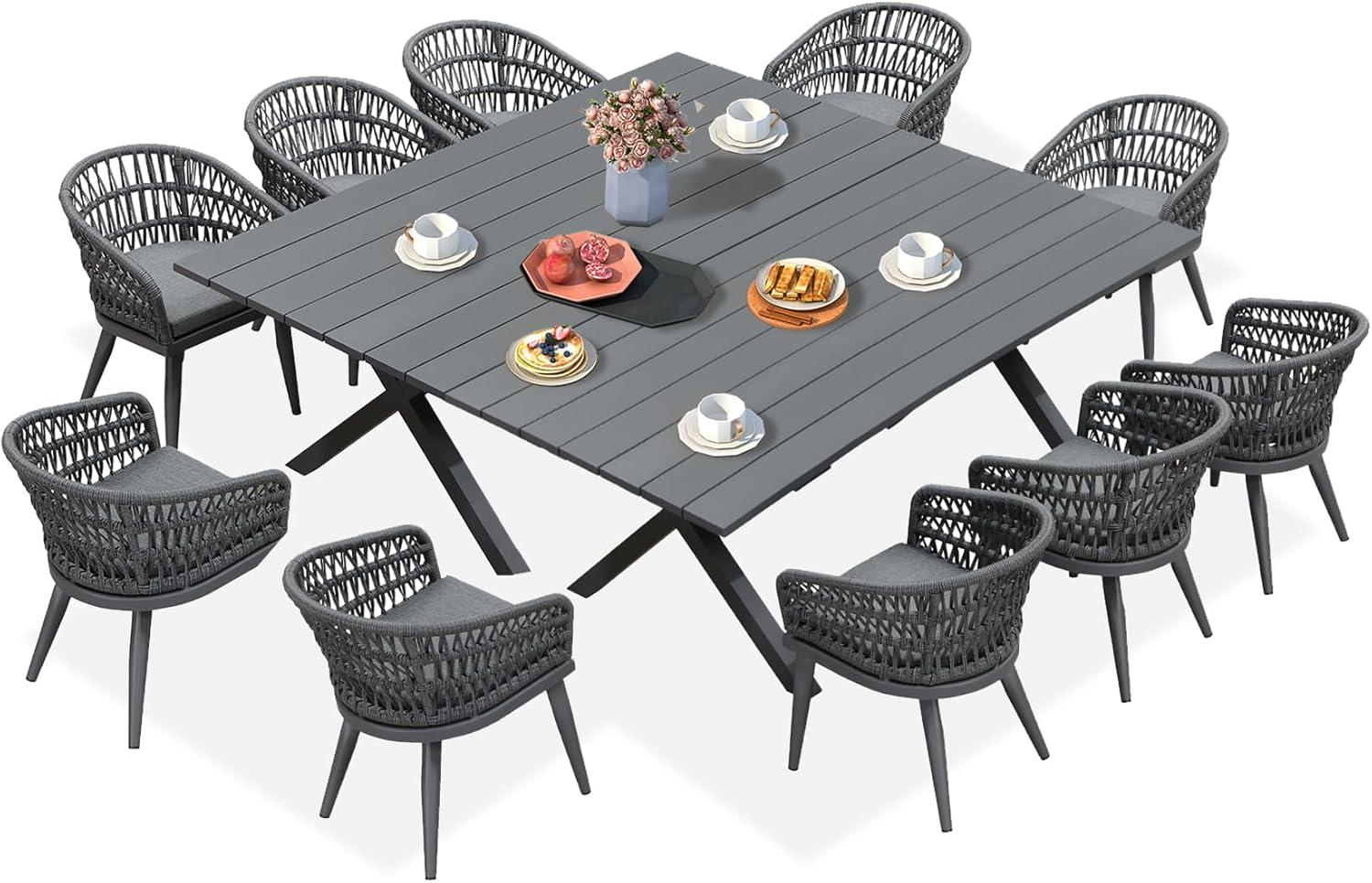 image:imagePURPLE LEAF 11 Pieces Outdoor Dining Set AllWeather PE Rattan Outdoor Patio Furniture Set with All Aluminum Frame Rectangular Table and Chairs Set for Lawn Garden Backyard Deck ChampagneGrey Round Backrest