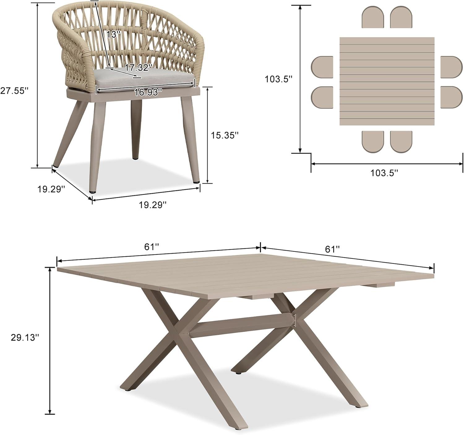 image:imagePURPLE LEAF 11 Pieces Outdoor Dining Set AllWeather PE Rattan Outdoor Patio Furniture Set with All Aluminum Frame Rectangular Table and Chairs Set for Lawn Garden Backyard Deck ChampagneChampagne Round Backrest