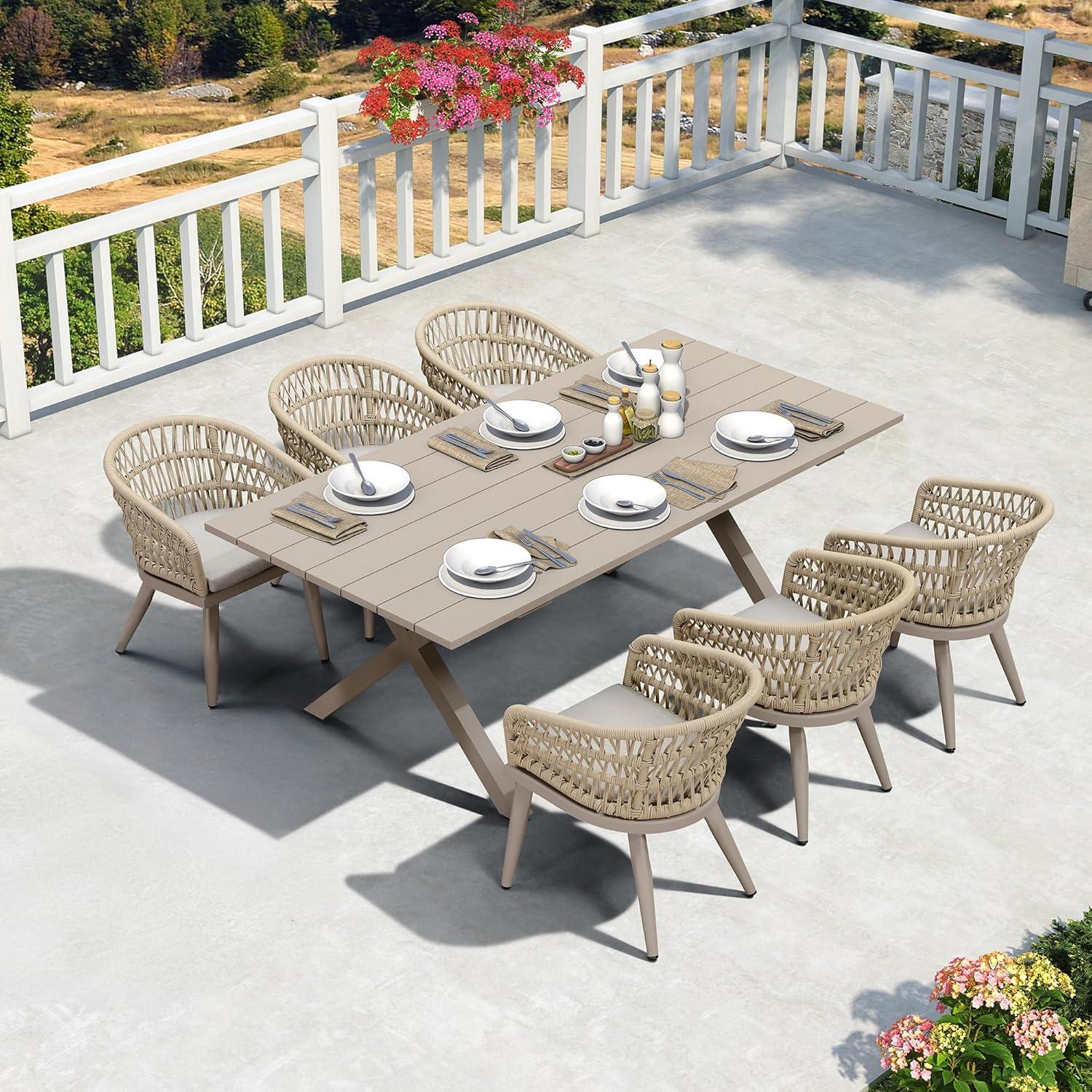 image:imagePURPLE LEAF 11 Pieces Outdoor Dining Set AllWeather PE Rattan Outdoor Patio Furniture Set with All Aluminum Frame Rectangular Table and Chairs Set for Lawn Garden Backyard Deck ChampagneChampagne Round Backrest