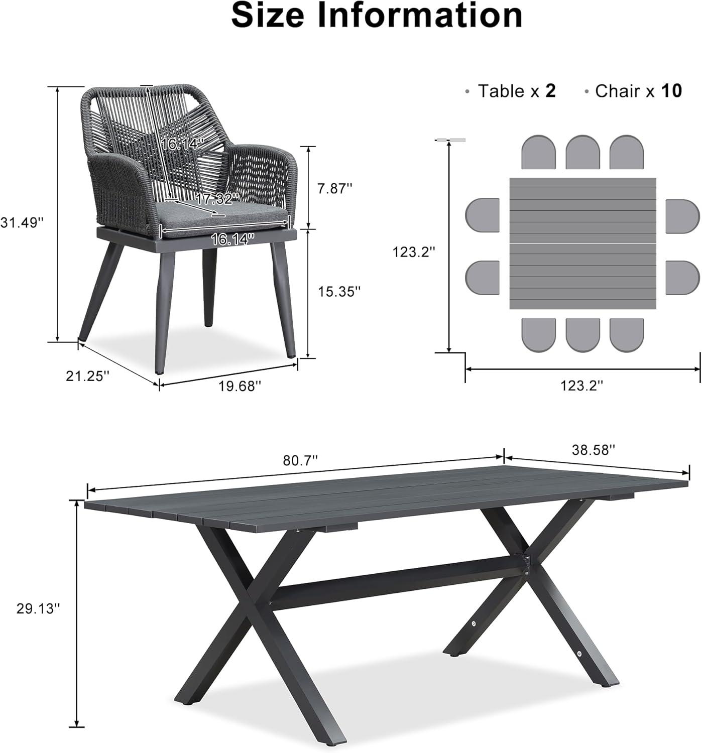 image:imagePURPLE LEAF 11 Pieces Outdoor Dining Set AllWeather PE Rattan Outdoor Patio Furniture Set with All Aluminum Frame Rectangular Table and Chairs Set for Lawn Garden Backyard Deck ChampagneGrey Square Backrest