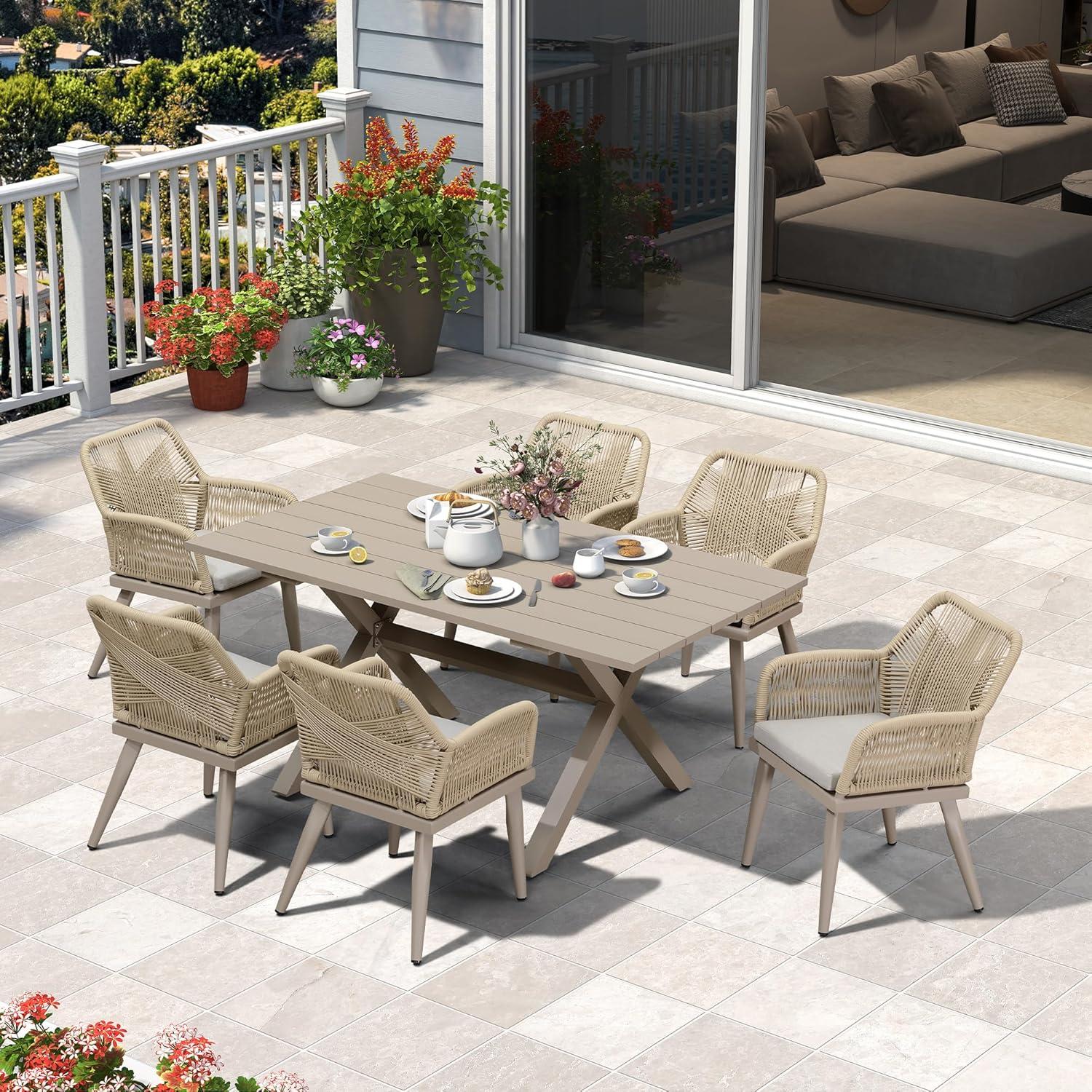 image:imagePURPLE LEAF 11 Pieces Outdoor Dining Set AllWeather PE Rattan Outdoor Patio Furniture Set with All Aluminum Frame Rectangular Table and Chairs Set for Lawn Garden Backyard Deck ChampagneChampagne Square Backrest