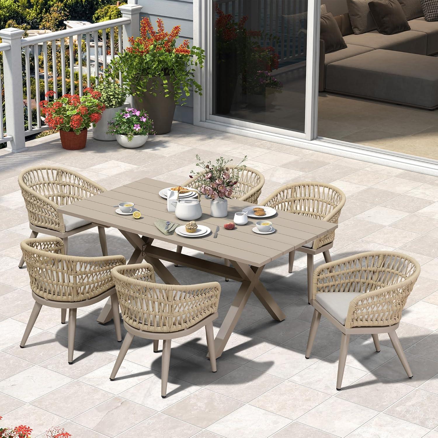 image:imagePURPLE LEAF 11 Pieces Outdoor Dining Set AllWeather PE Rattan Outdoor Patio Furniture Set with All Aluminum Frame Rectangular Table and Chairs Set for Lawn Garden Backyard Deck ChampagneChampagne Round Backrest