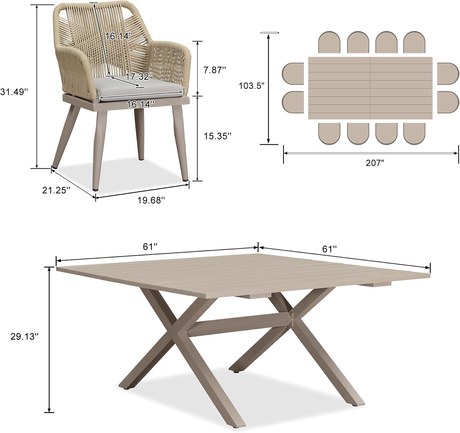 image:imagePURPLE LEAF 11 Pieces Outdoor Dining Set AllWeather PE Rattan Outdoor Patio Furniture Set with All Aluminum Frame Rectangular Table and Chairs Set for Lawn Garden Backyard Deck ChampagneChampagne Square Backrest