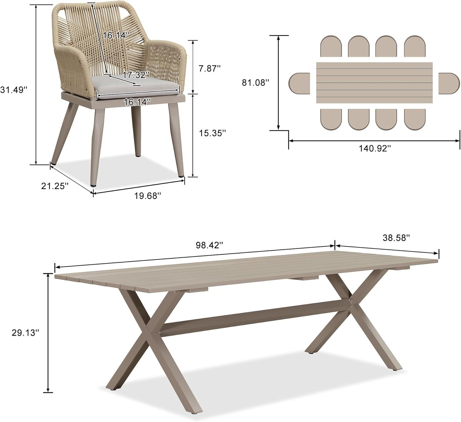 image:imagePURPLE LEAF 11 Pieces Outdoor Dining Set AllWeather PE Rattan Outdoor Patio Furniture Set with All Aluminum Frame Rectangular Table and Chairs Set for Lawn Garden Backyard Deck ChampagneChampagne Square Backrest