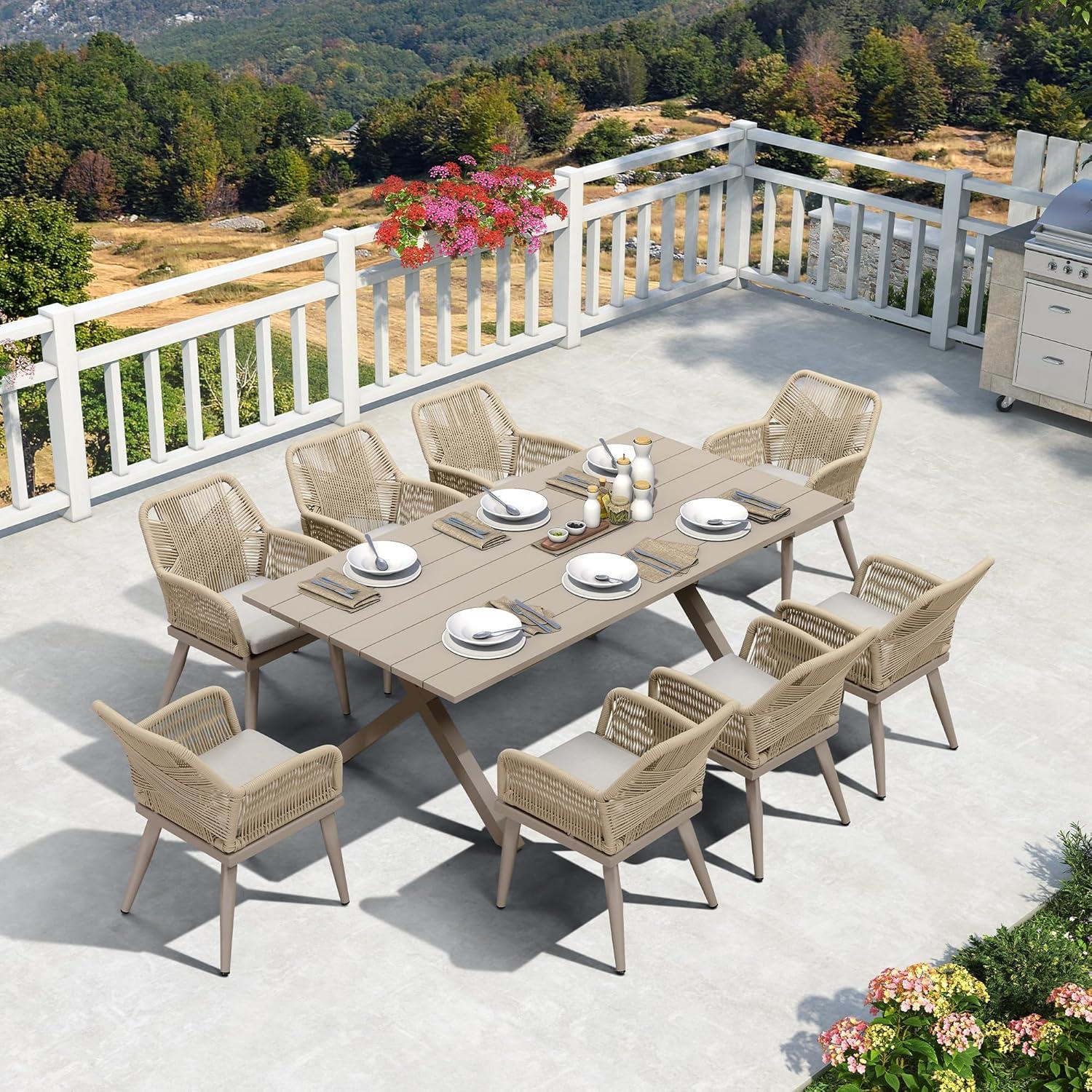 image:imagePURPLE LEAF 11 Pieces Outdoor Dining Set AllWeather PE Rattan Outdoor Patio Furniture Set with All Aluminum Frame Rectangular Table and Chairs Set for Lawn Garden Backyard Deck ChampagneChampagne Square Backrest