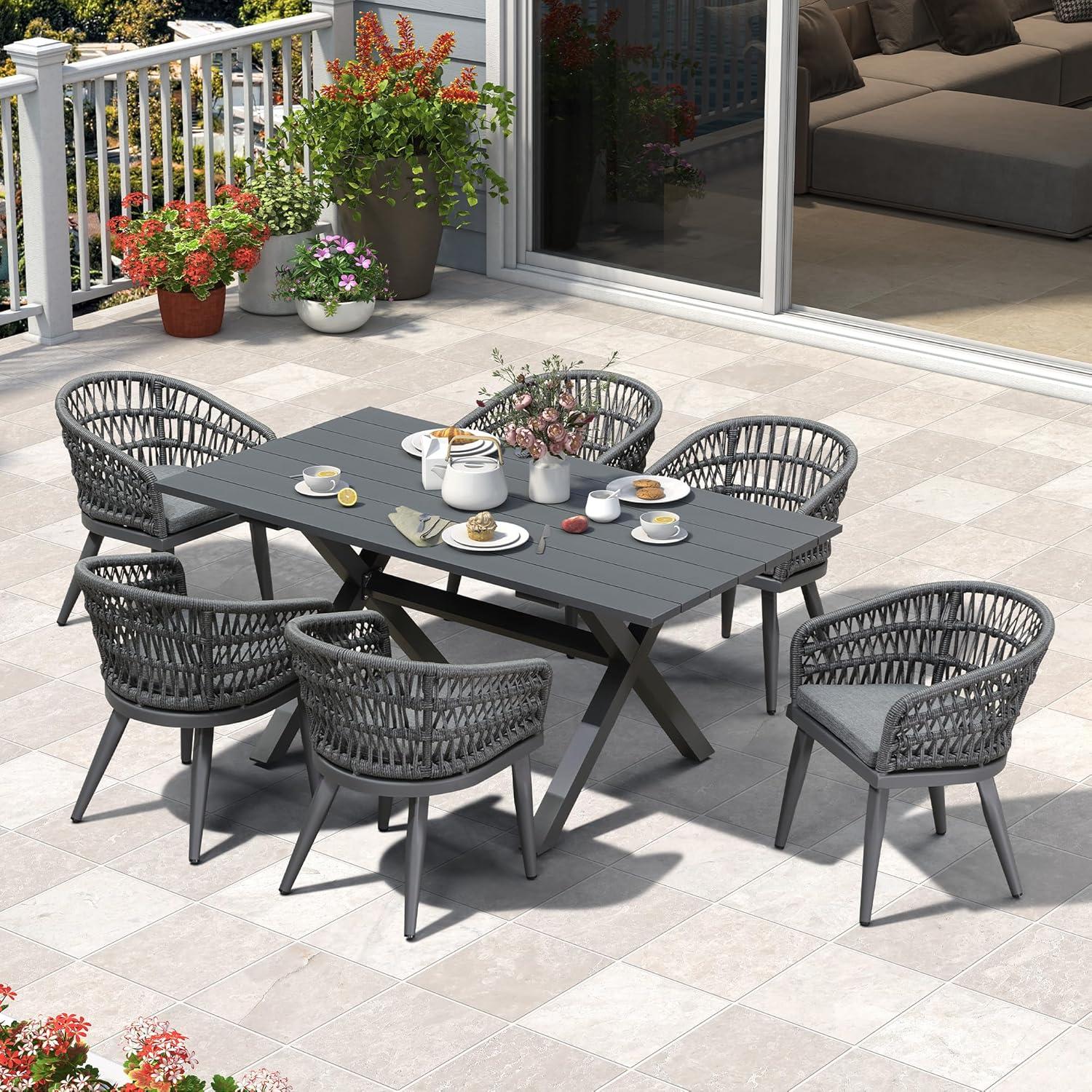 image:imagePURPLE LEAF 11 Pieces Outdoor Dining Set AllWeather PE Rattan Outdoor Patio Furniture Set with All Aluminum Frame Rectangular Table and Chairs Set for Lawn Garden Backyard Deck ChampagneGrey Round Backrest