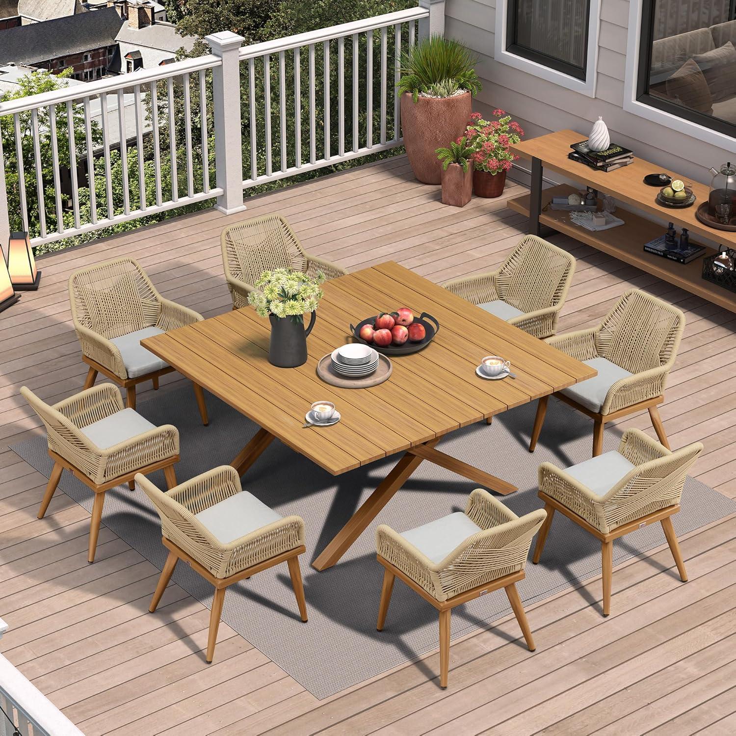 image:imagePURPLE LEAF 11 Pieces Outdoor Dining Set AllWeather PE Rattan Outdoor Patio Furniture Set with All Aluminum Frame Rectangular Table and Chairs Set for Lawn Garden Backyard Deck ChampagneTeak Square Backrest