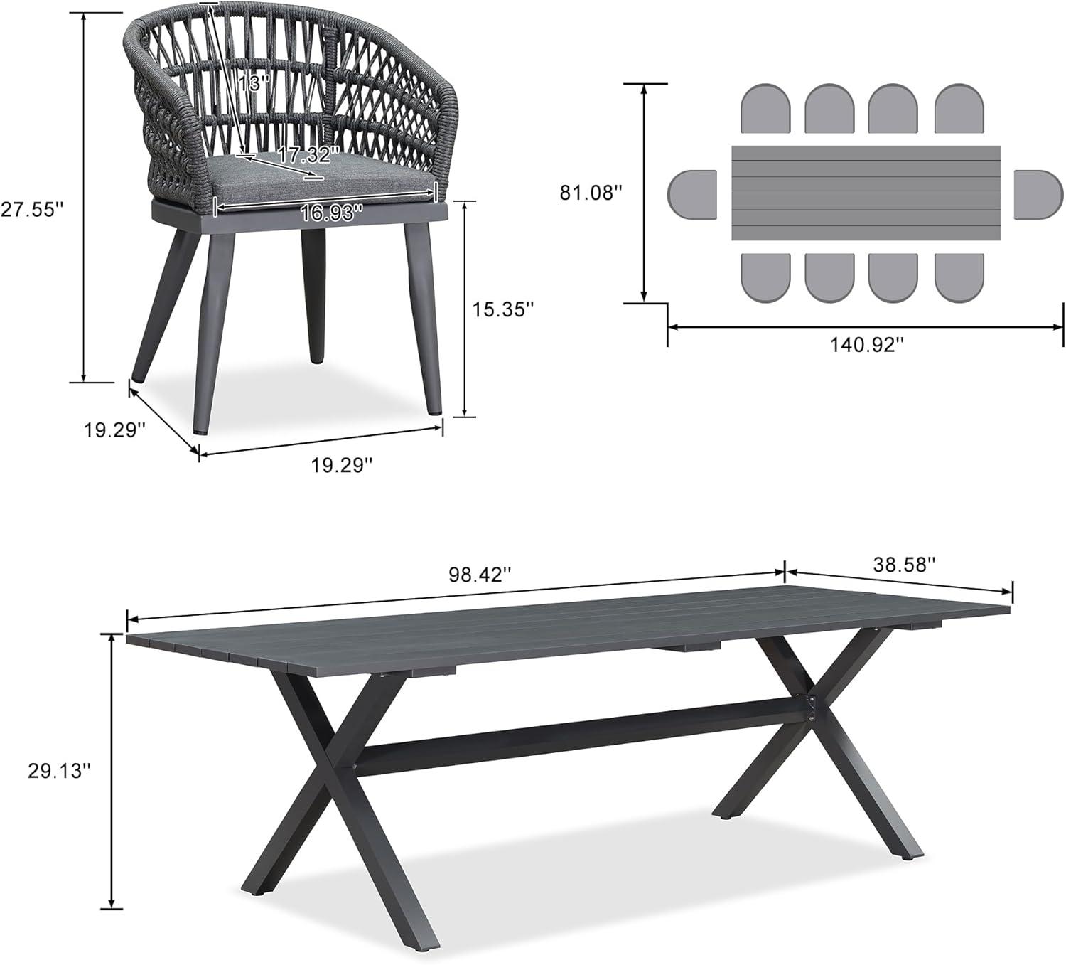 image:imagePURPLE LEAF 11 Pieces Outdoor Dining Set AllWeather PE Rattan Outdoor Patio Furniture Set with All Aluminum Frame Rectangular Table and Chairs Set for Lawn Garden Backyard Deck ChampagneGrey Round Backrest