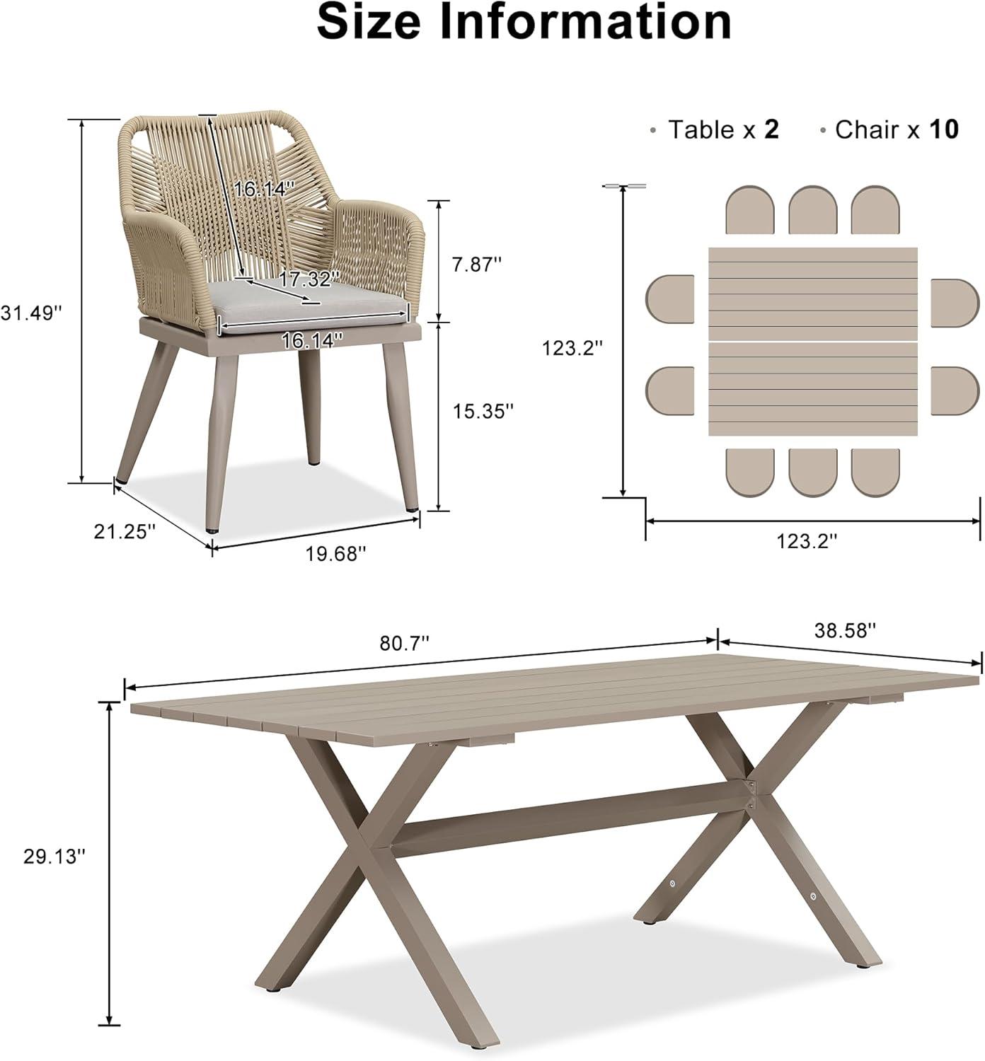image:imagePURPLE LEAF 11 Pieces Outdoor Dining Set AllWeather PE Rattan Outdoor Patio Furniture Set with All Aluminum Frame Rectangular Table and Chairs Set for Lawn Garden Backyard Deck ChampagneChampagne Square Backrest
