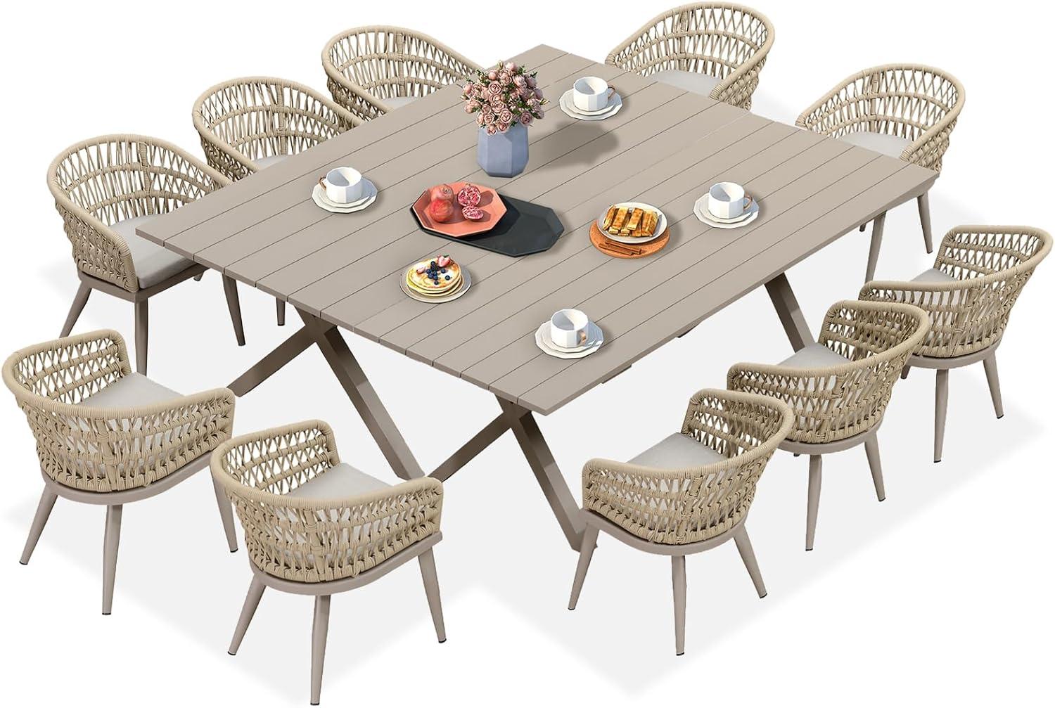 image:imagePURPLE LEAF 11 Pieces Outdoor Dining Set AllWeather PE Rattan Outdoor Patio Furniture Set with All Aluminum Frame Rectangular Table and Chairs Set for Lawn Garden Backyard Deck ChampagneChampagne Round Backrest