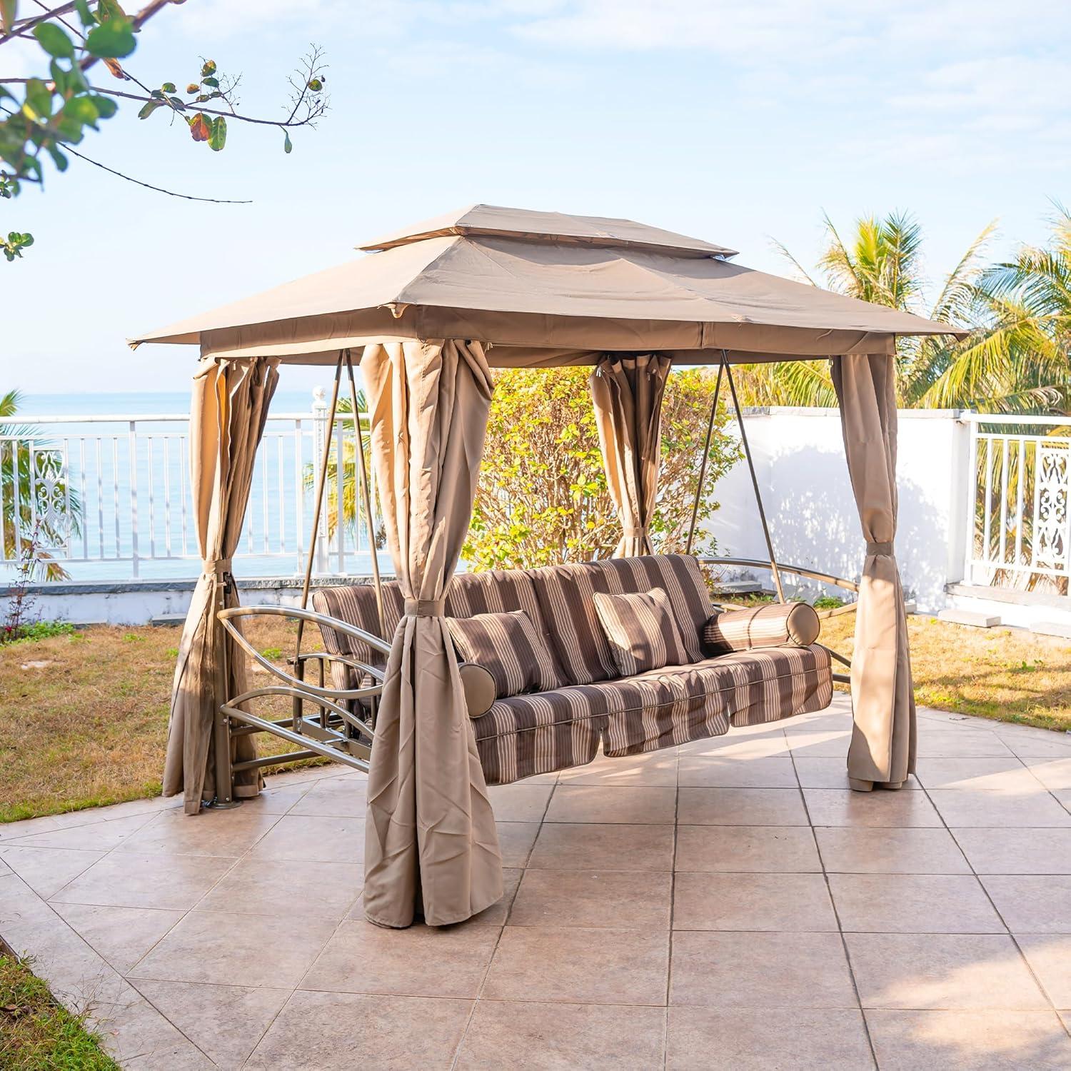 image:imagePURPLE LEAF 3 Person Outdoor Patio Porch Swing Gazebo with Netting amp Gazebo Curtains with Canopy Swings for Adults