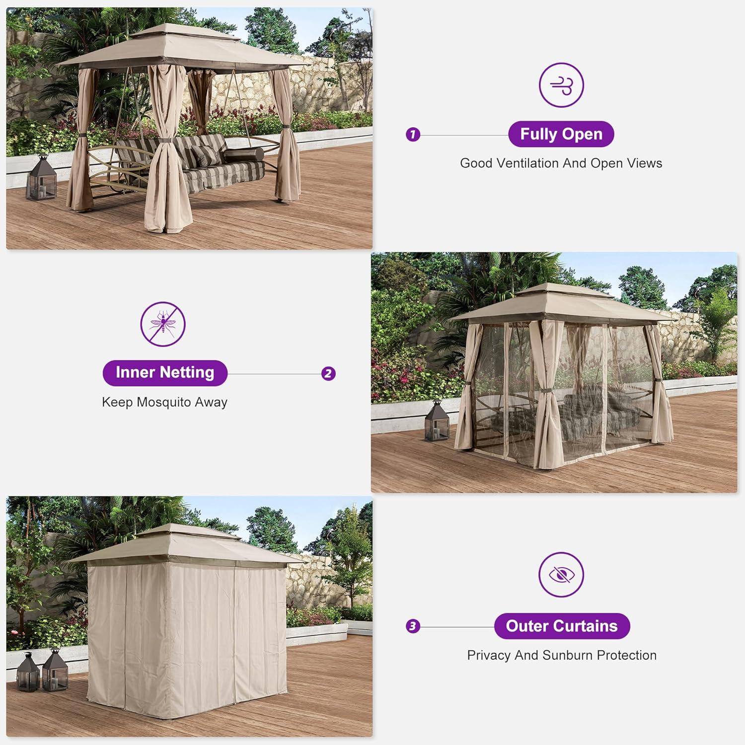 image:imagePURPLE LEAF 3 Person Outdoor Patio Porch Swing Gazebo with Netting amp Gazebo Curtains with Canopy Swings for Adults