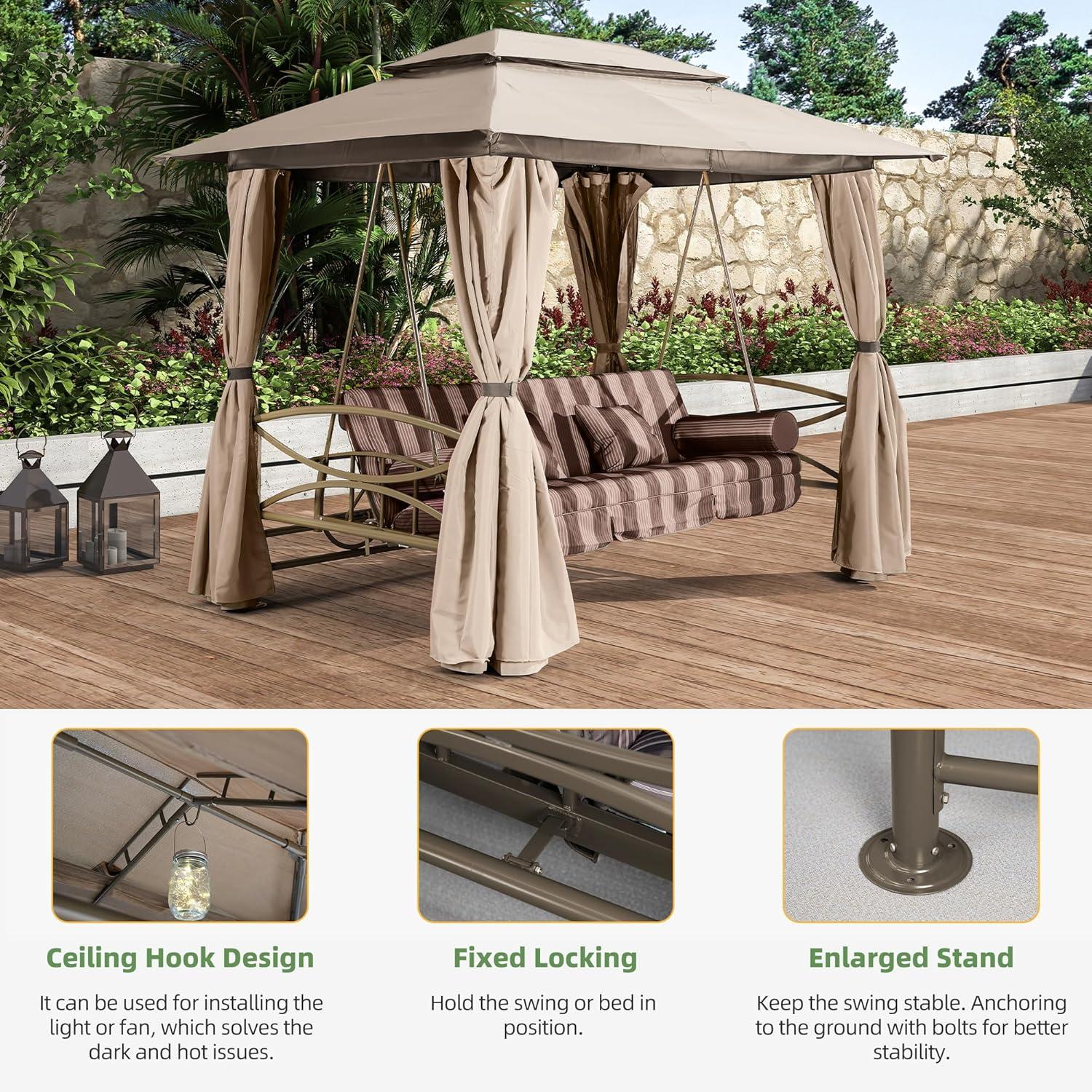 image:imagePURPLE LEAF 3 Person Outdoor Patio Porch Swing Gazebo with Netting amp Gazebo Curtains with Canopy Swings for Adults