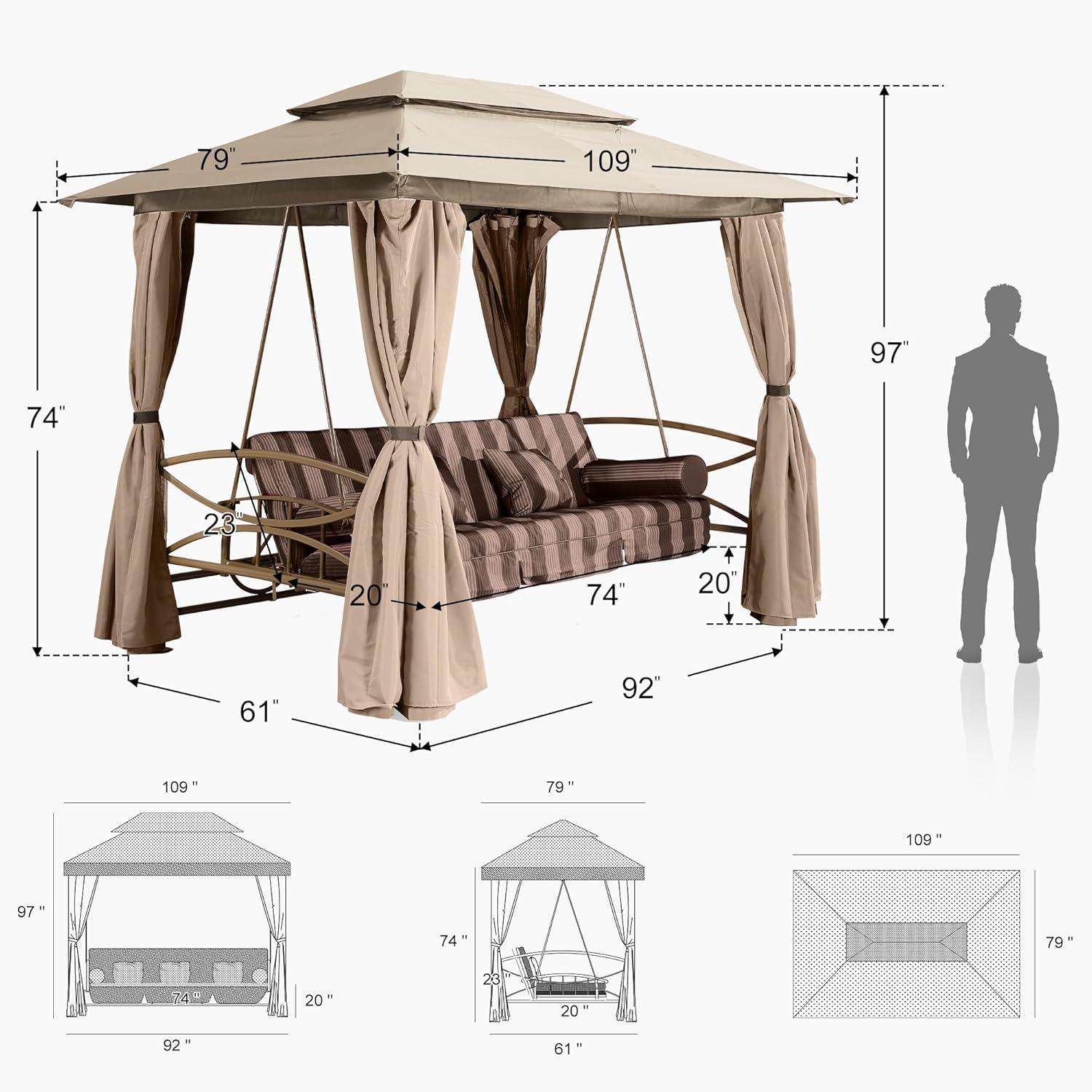 image:imagePURPLE LEAF 3 Person Outdoor Patio Porch Swing Gazebo with Netting amp Gazebo Curtains with Canopy Swings for Adults