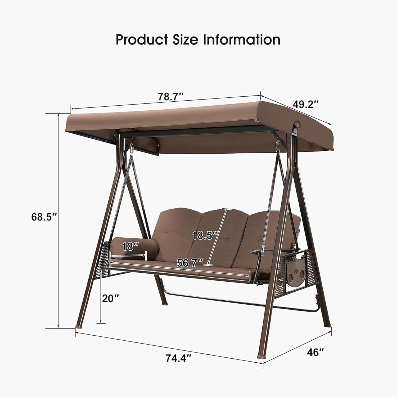 image:imagePURPLE LEAF 3Seat Deluxe Outdoor Patio Porch Swing with Weather Resistant Steel Frame Adjustable Tilt Canopy Cushions and Pillow Included BeigeBeige