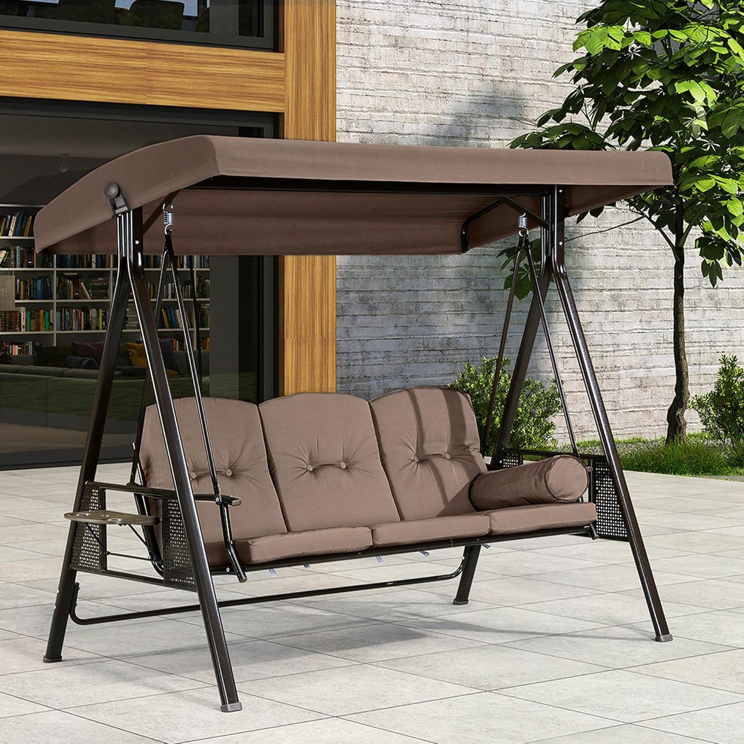image:imagePURPLE LEAF 3Seat Deluxe Outdoor Patio Porch Swing with Weather Resistant Steel Frame Adjustable Tilt Canopy Cushions and Pillow Included BeigeBeige