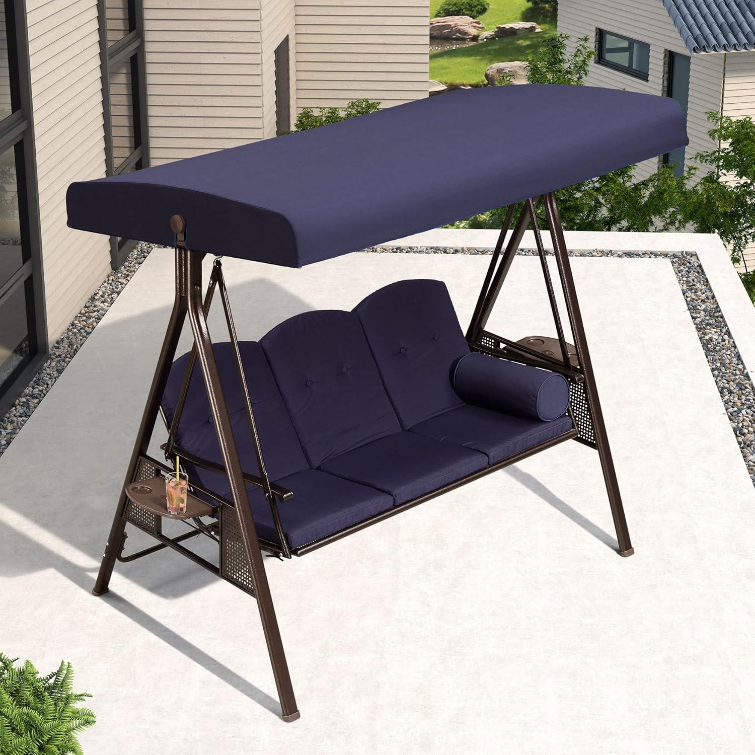 image:imagePURPLE LEAF 3Seat Deluxe Outdoor Patio Porch Swing with Weather Resistant Steel Frame Adjustable Tilt Canopy Cushions and Pillow Included BeigeNavy Blue