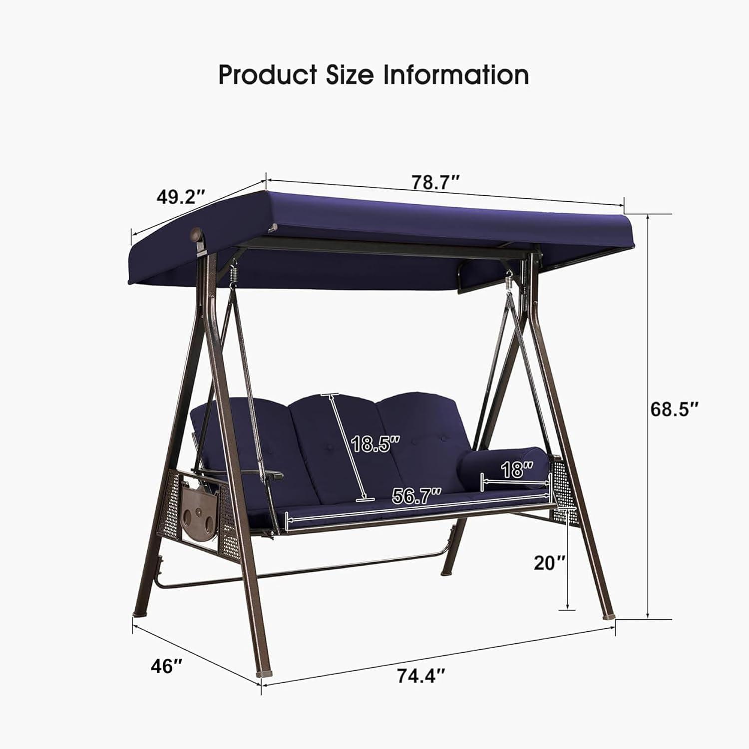image:imagePURPLE LEAF 3Seat Deluxe Outdoor Patio Porch Swing with Weather Resistant Steel Frame Adjustable Tilt Canopy Cushions and Pillow Included BeigeNavy Blue