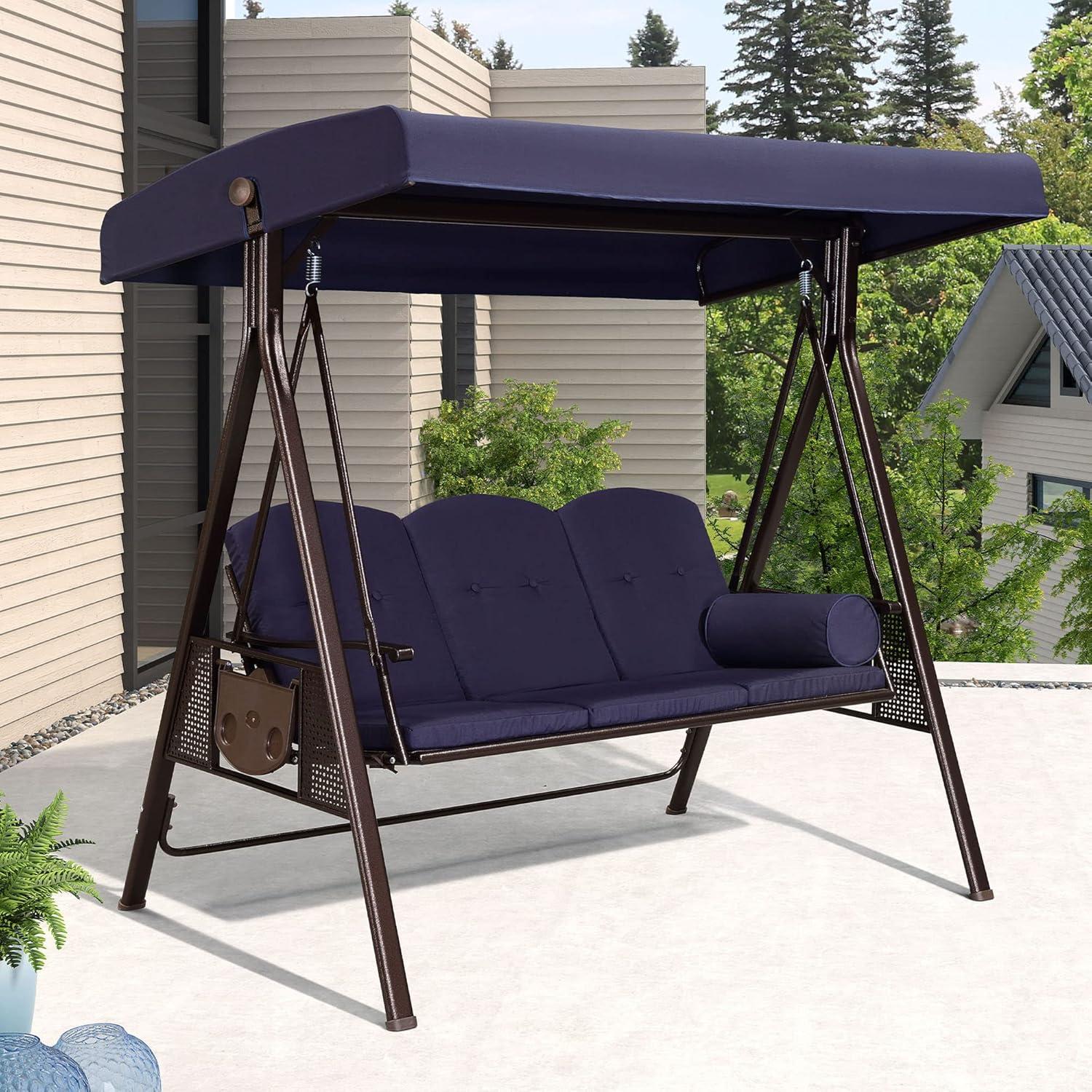 image:imagePURPLE LEAF 3Seat Deluxe Outdoor Patio Porch Swing with Weather Resistant Steel Frame Adjustable Tilt Canopy Cushions and Pillow Included BeigeNavy Blue